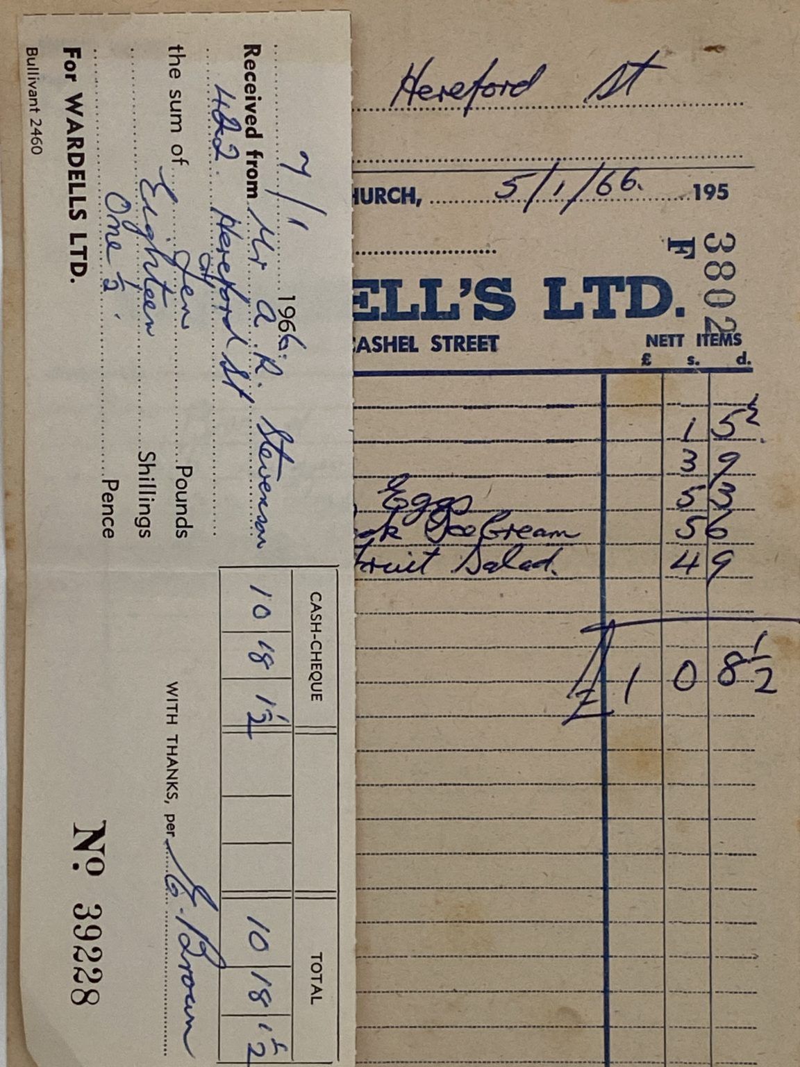 VINTAGE INVOICE: Wardell's Ltd, Christchurch 1966