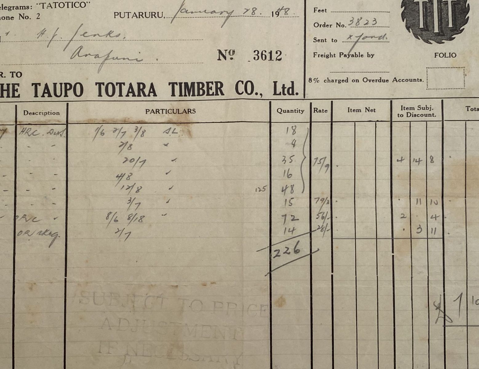 VINTAGE INVOICE: The Taupo Totora Timber Co. Ltd, Putararu 1948