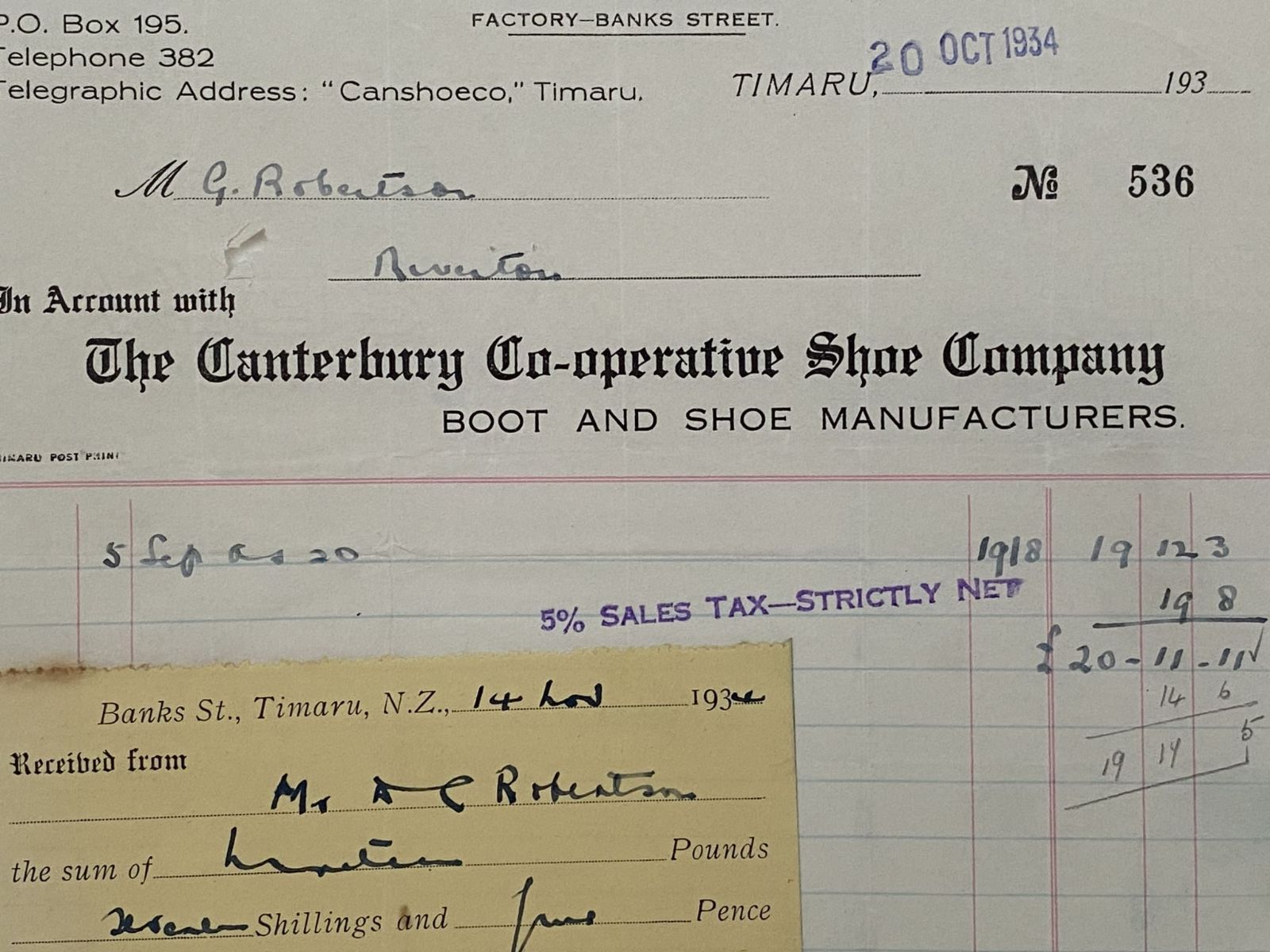 VINTAGE INVOICE: The Canterbury Co-Operative Shoe Company 1934