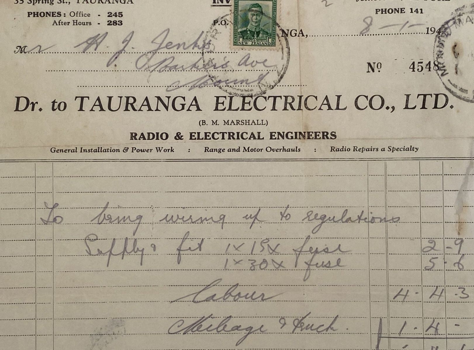 VINTAGE INVOICE: Tauranga Electrical Co Ltd - Radio & Electrical Engineers 1948