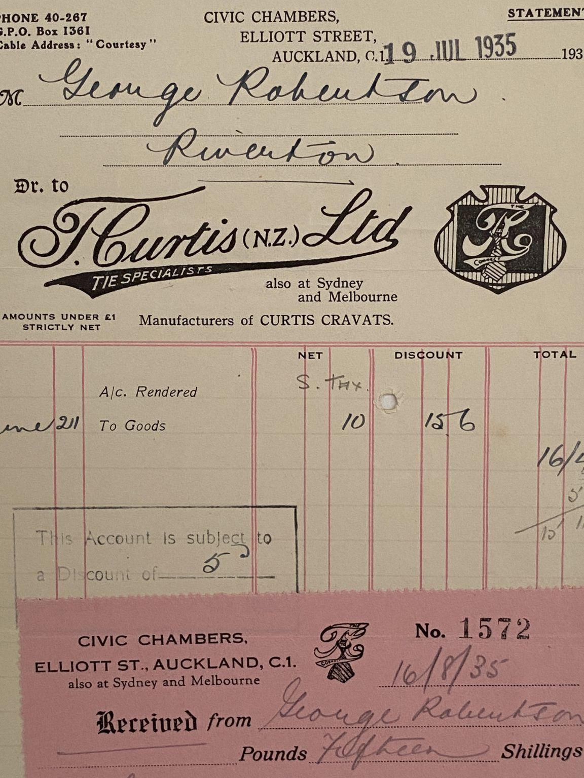 VINTAGE INVOICE: T. Curtis (N.Z.) Ltd, Auckland - Curtis Cravats 1935