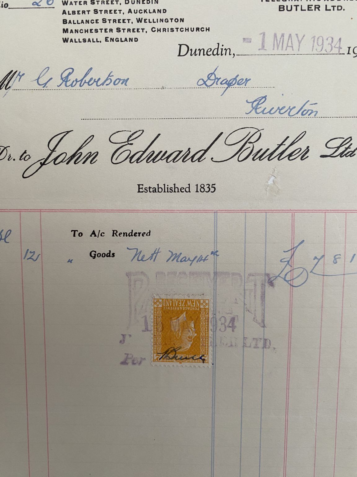 VINTAGE INVOICE: John Edward Butler, Dunedin 1934