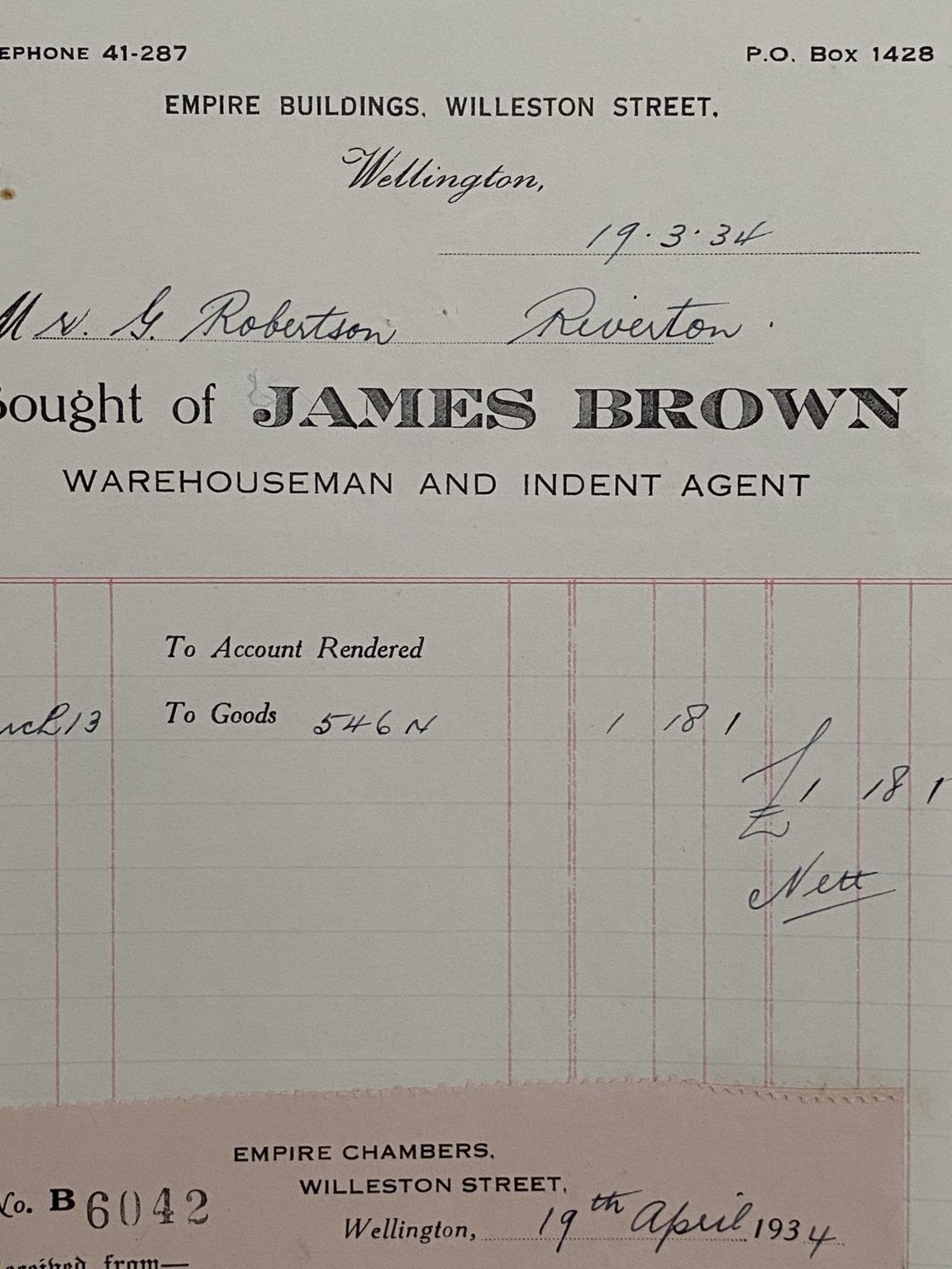 VINTAGE INVOICE: James Brown - Warehouseman and Indent Agent 1934