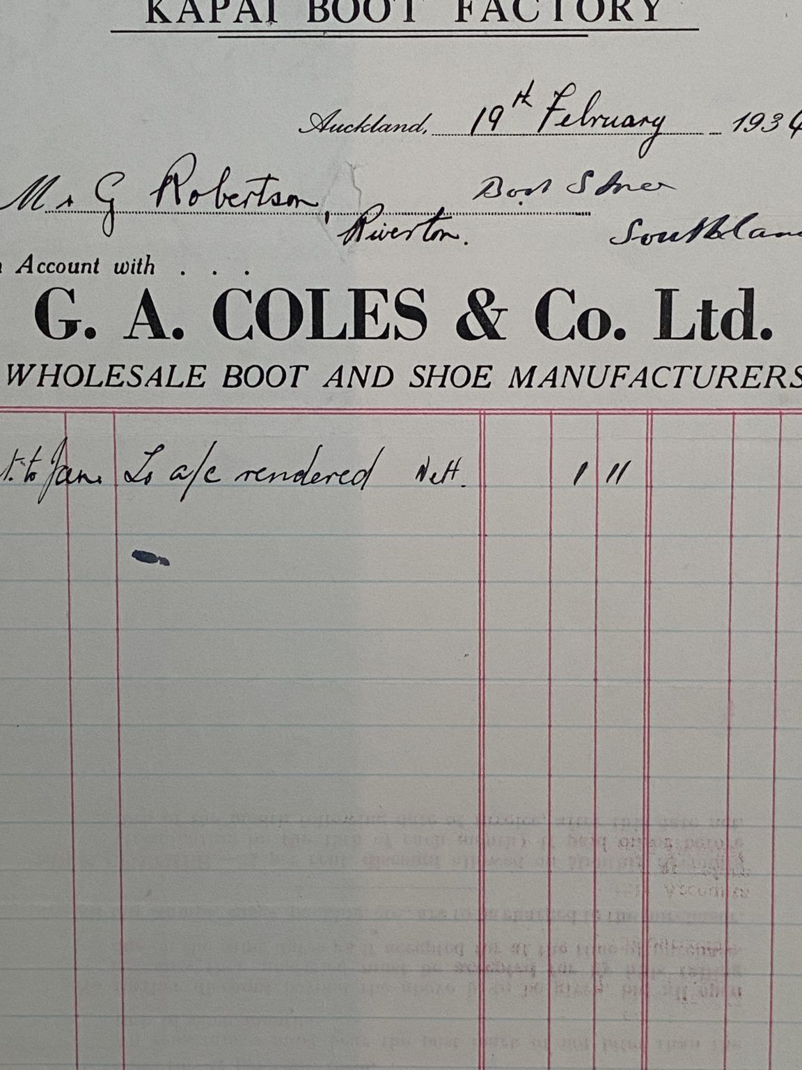 VINTAGE INVOICE: G.A. Coles & Co. Ltd, Auckland - Boot and Shoe Makers 1934