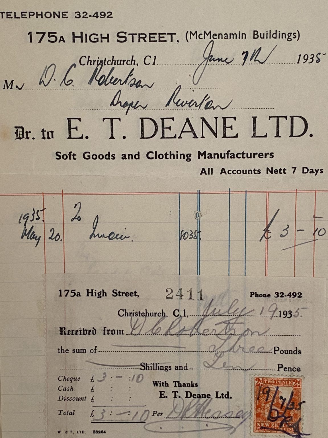 VINTAGE INVOICE: E. T Deane Ltd, Christchurch - Soft Goods 1935