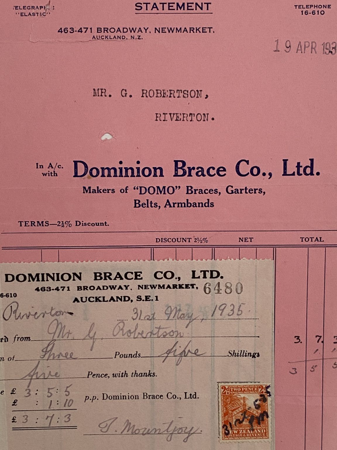 VINTAGE INVOICE: Dominion Brace Co, Ltd. Auckland - Domo Braces and Garters 1935