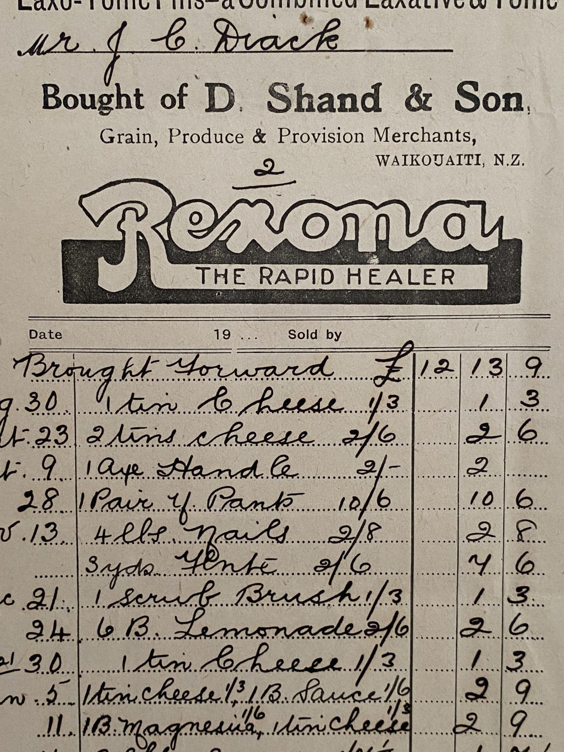 VINTAGE INVOICE: D. Shand & Son, Waikouaiti