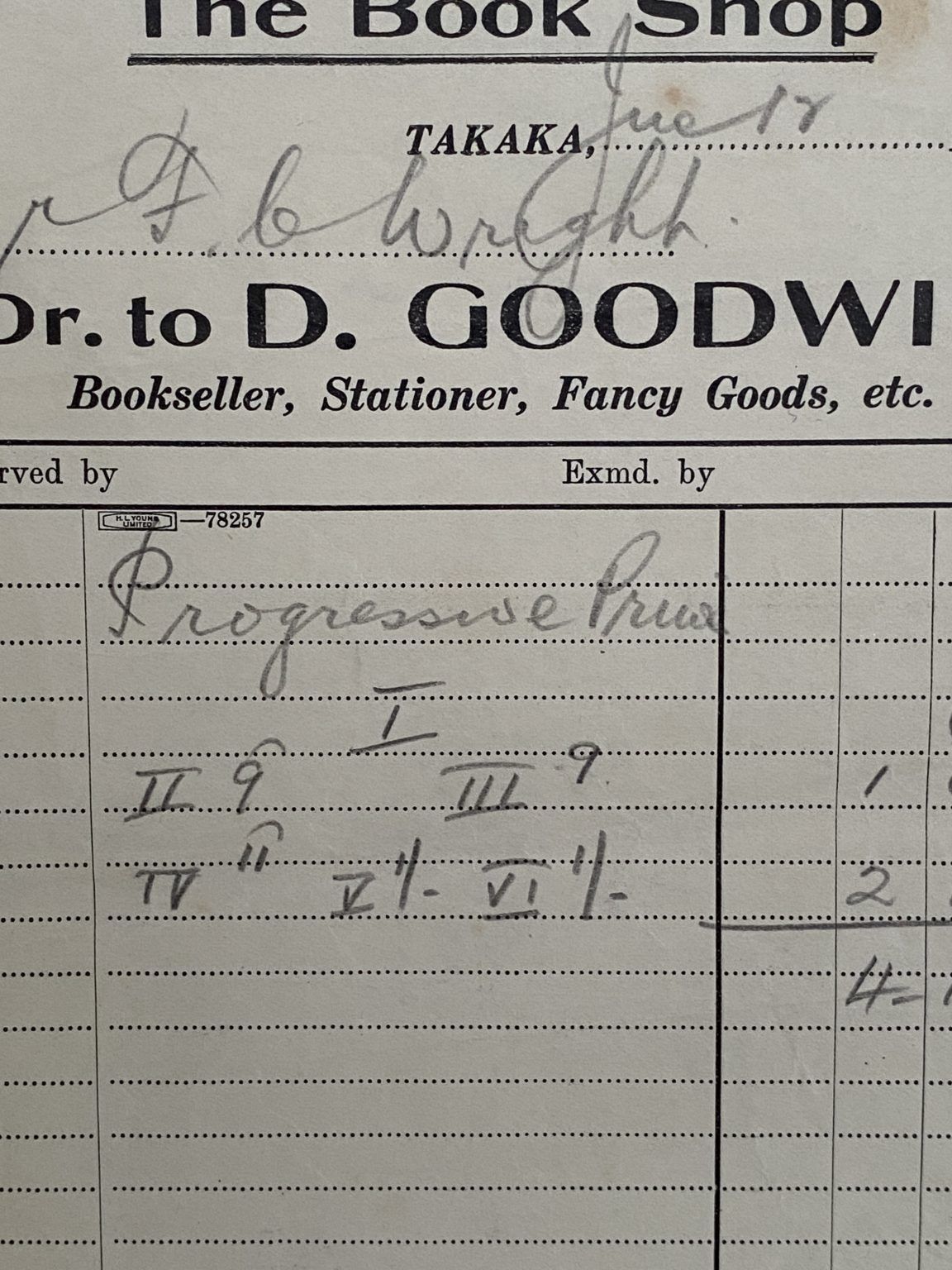 VINTAGE INVOICE: D. Goodwin, Takaka - Bookseller and Fancy Goods 1938