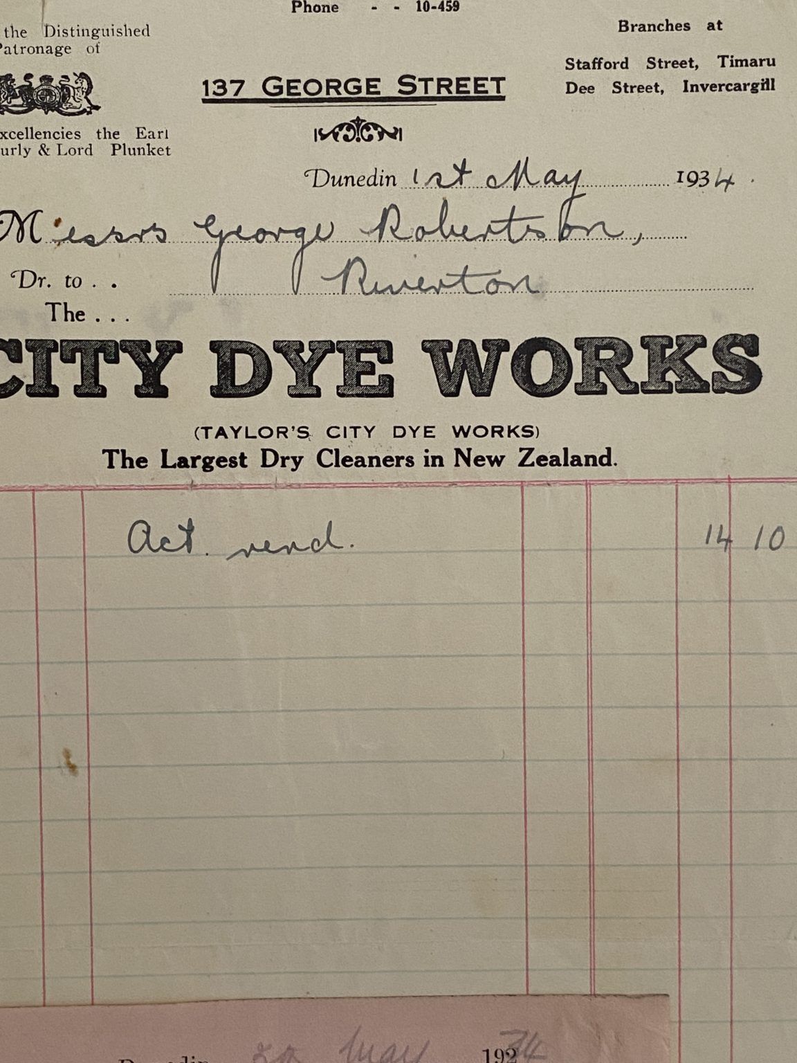 VINTAGE INVOICE: City Dye Works, Dunedin - Dry Cleaners 1934