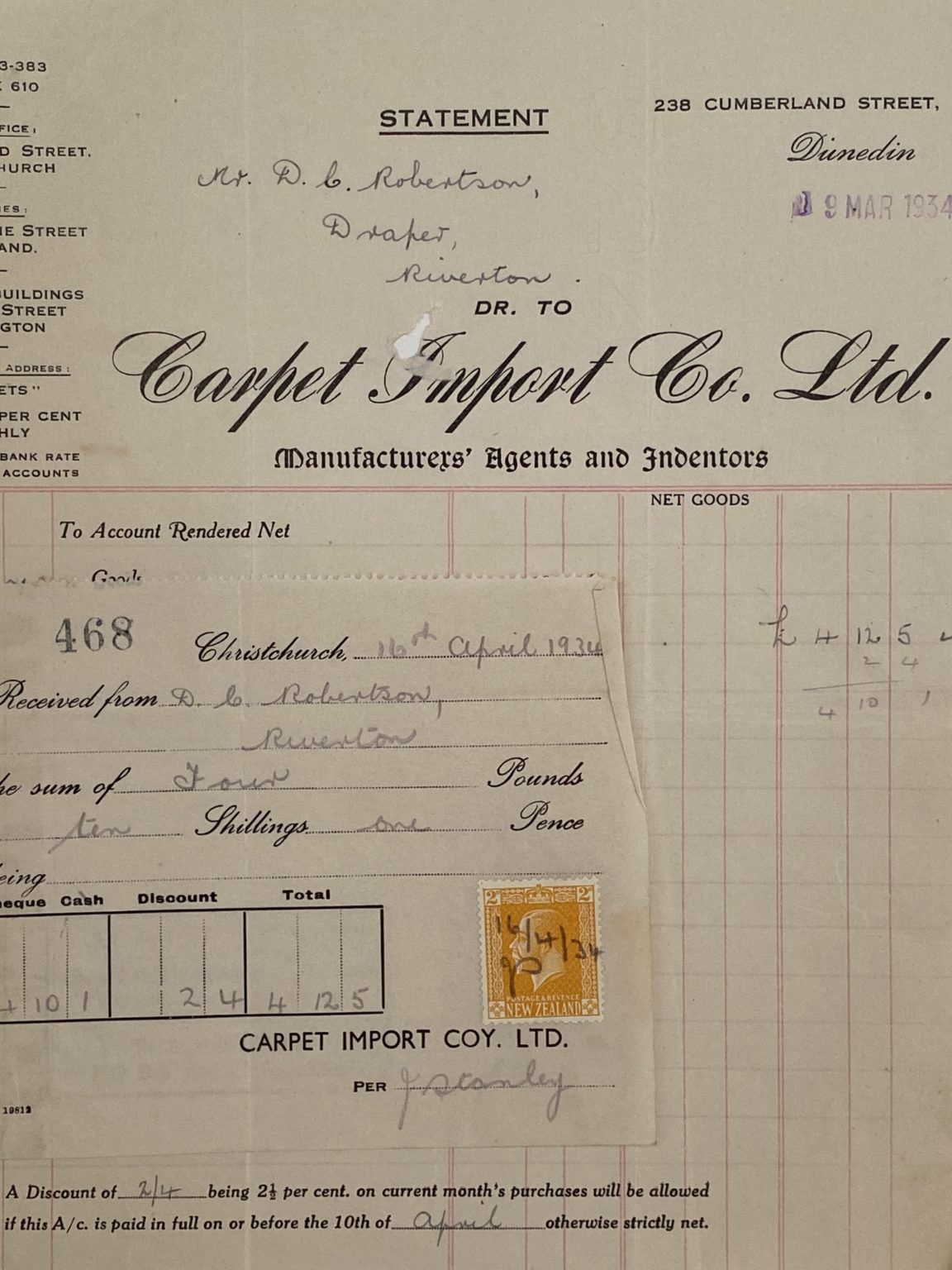 VINTAGE INVOICE: Carpet Import Co. Ltd. Dunedin - Agents and Indentors 1934