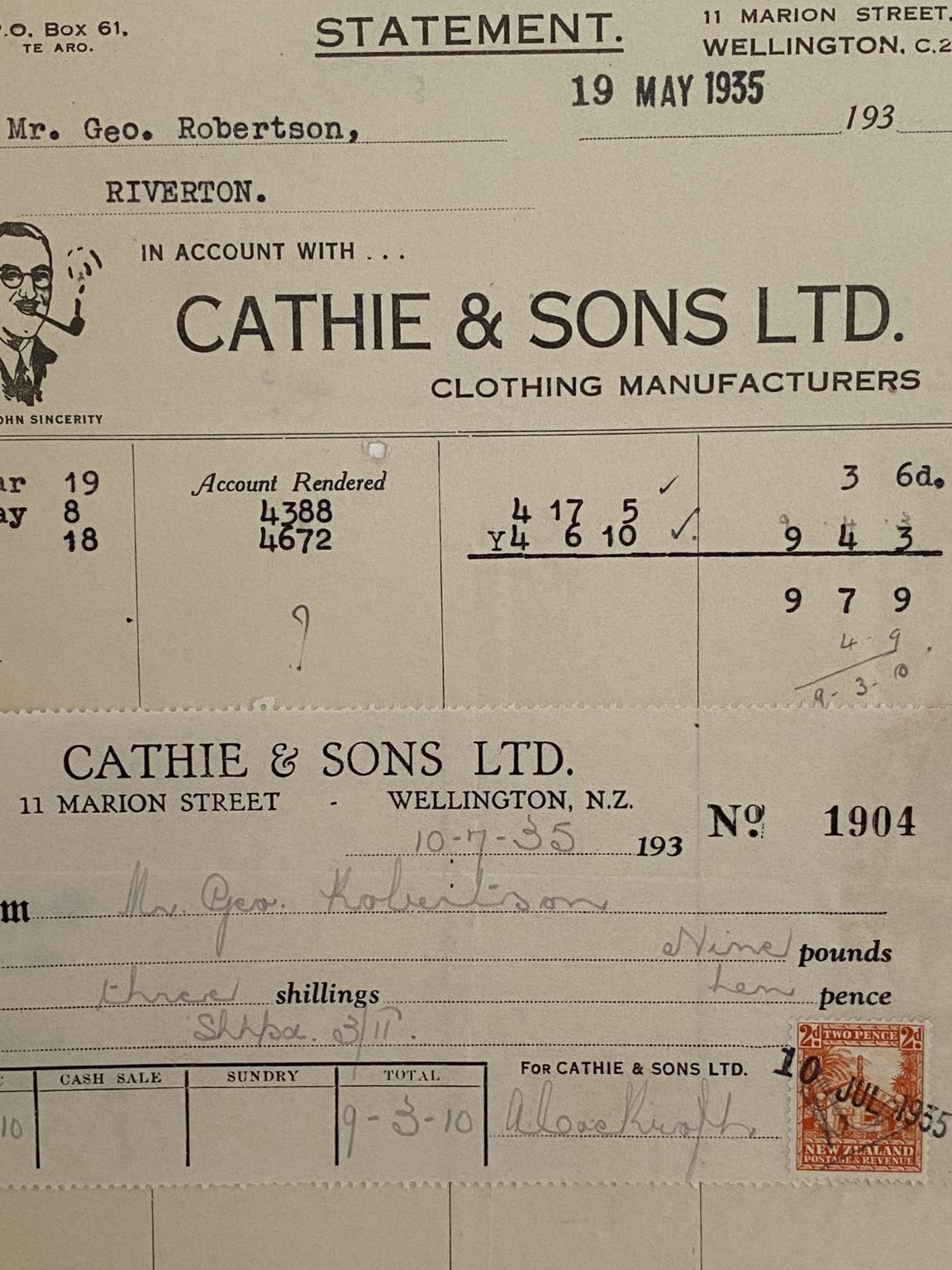 VINTAGE INVOICE: Cathie & Sons Ltd. Wellington 1934