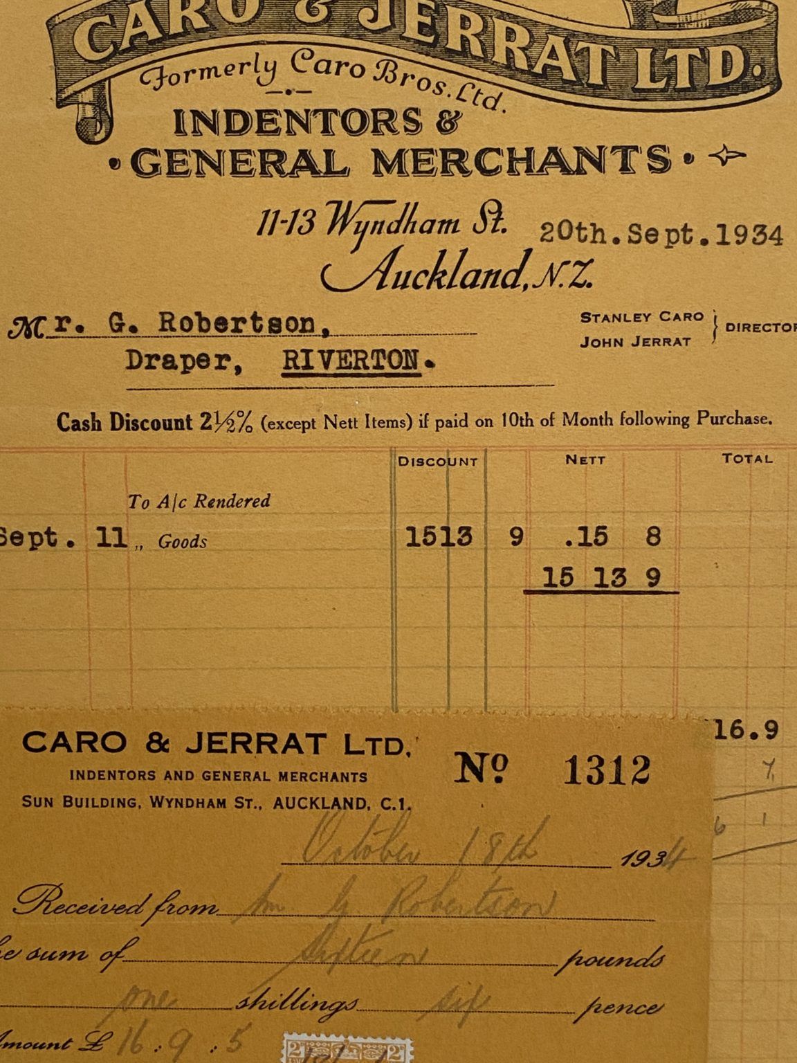 VINTAGE INVOICE: Caro & Jerrat Ltd. Auckland - Indentors & Merchants 1934