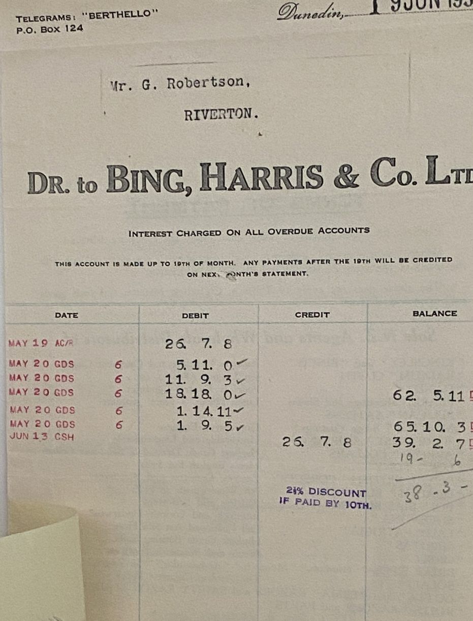 VINTAGE INVOICE: Bing, Harris & Co. Ltd, Dunedin 1935