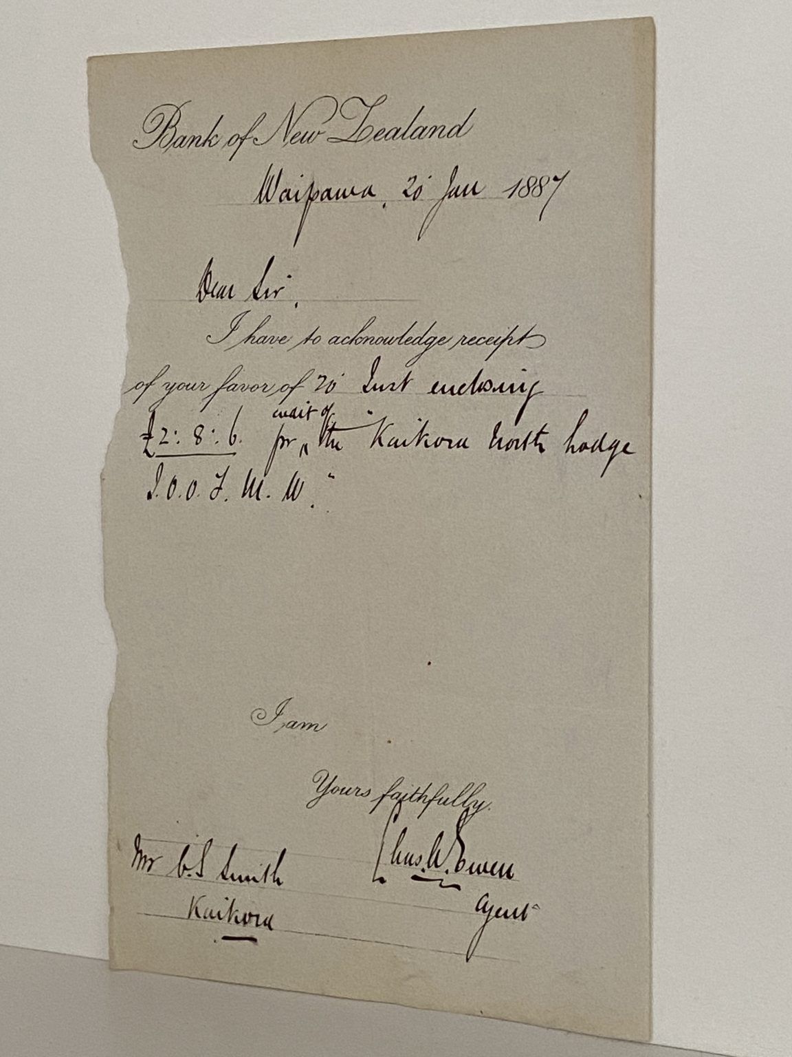 ANTIQUE RECEIPT: Bank of New Zealand, Waipawa 1887