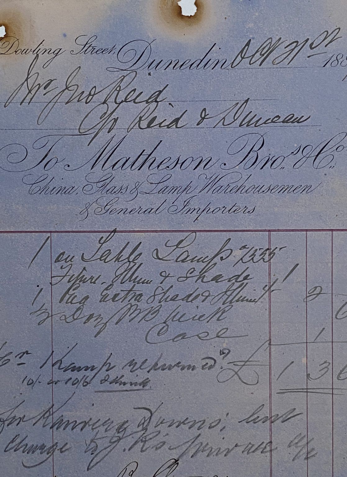 ANTIQUE INVOICE: Matheson Brothers & Co, Dunedin - China, Glass, Lampware 1887