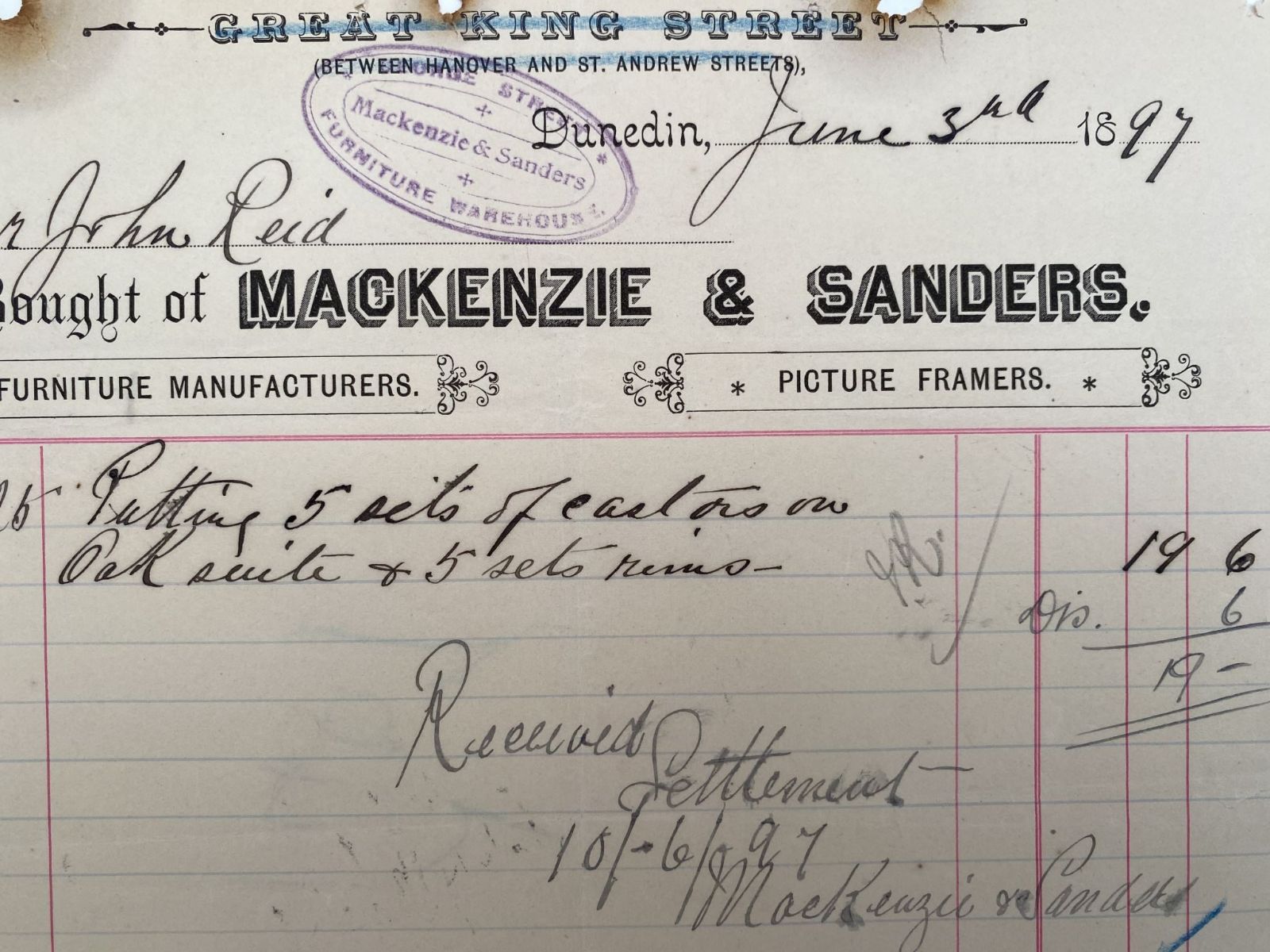 ANTIQUE INVOICE: Mackenzie & Sanders, Dunedin - General House Furnishers 1897