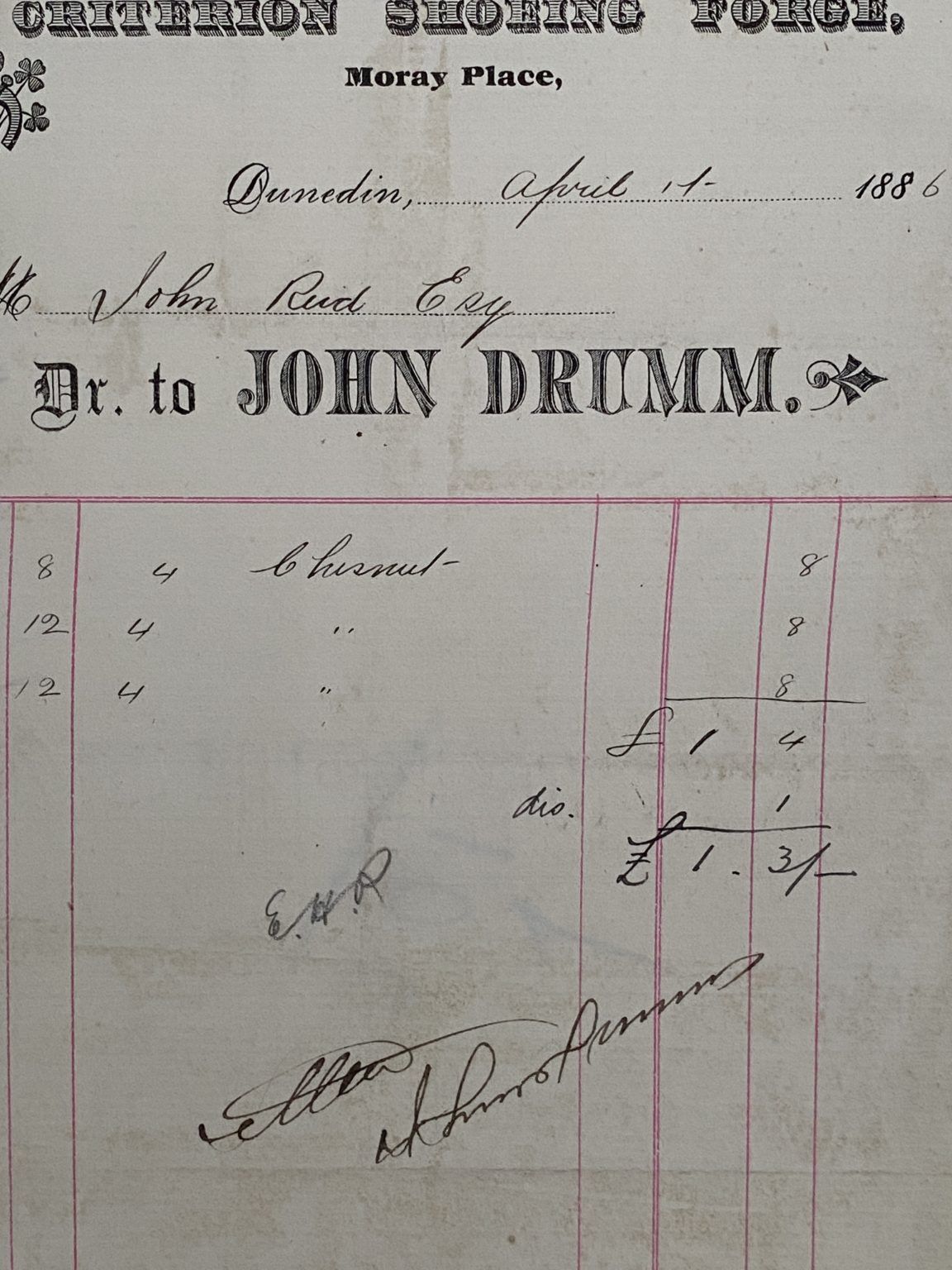 ANTIQUE INVOICE: John Drumm, Dunedin - Criterion Shoeing Force 1886