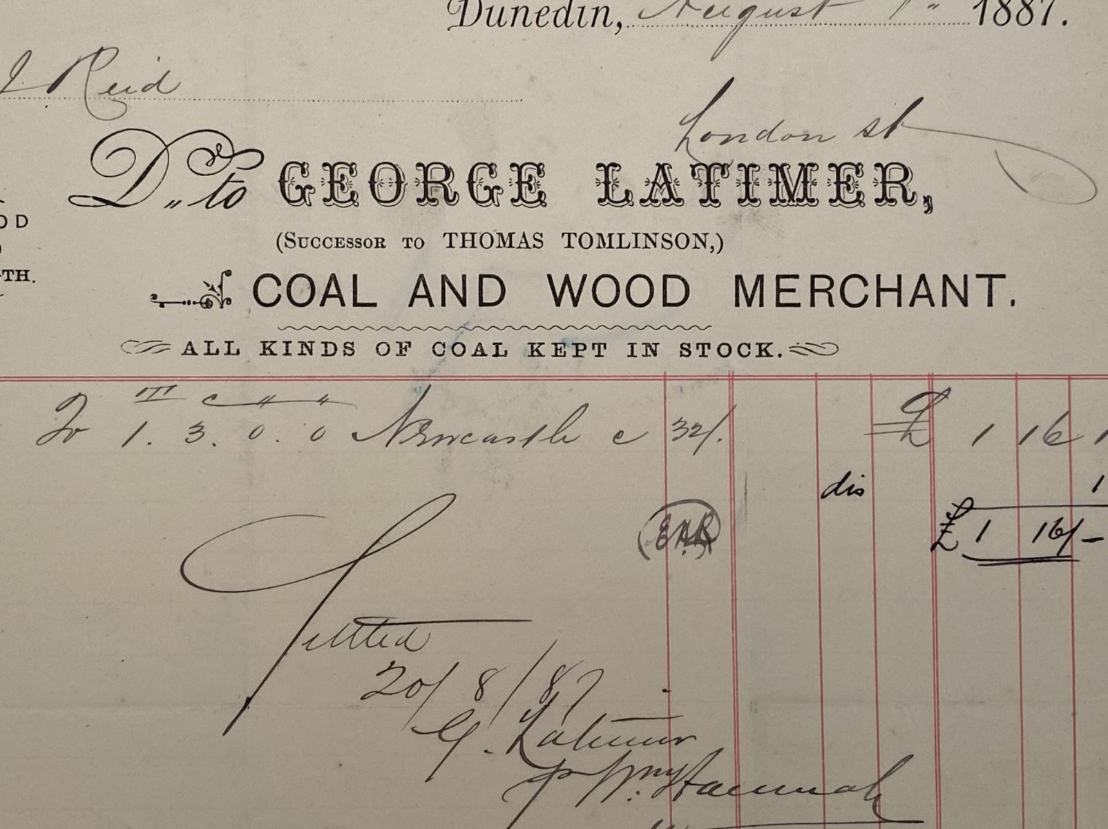 ANTIQUE INVOICE: George Latimer, Dunedin – Coal and Wood Merchant 1887