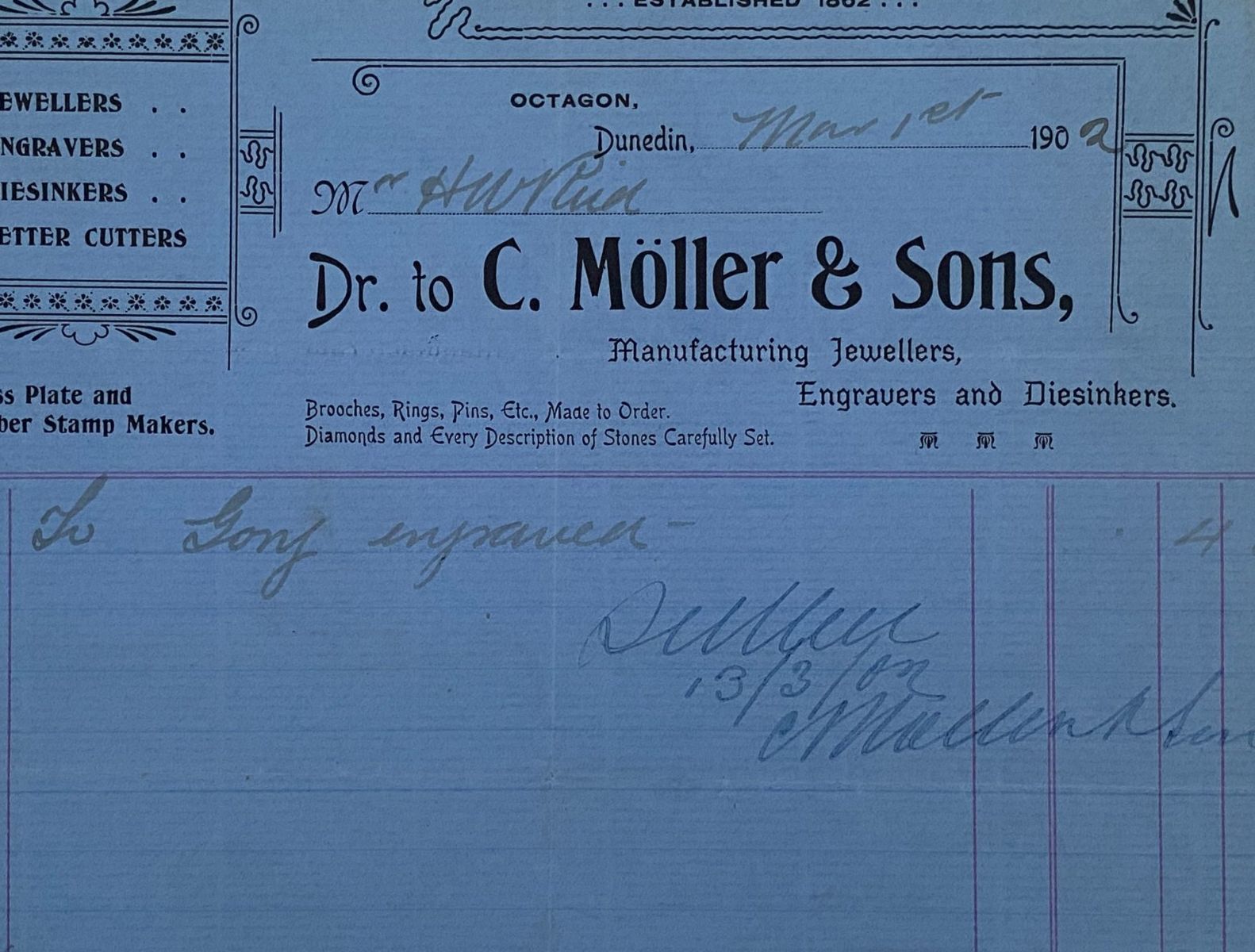 ANTIQUE INVOICE: C. Moller & Sons, Dunedin – Jewellers and Engravers 1902