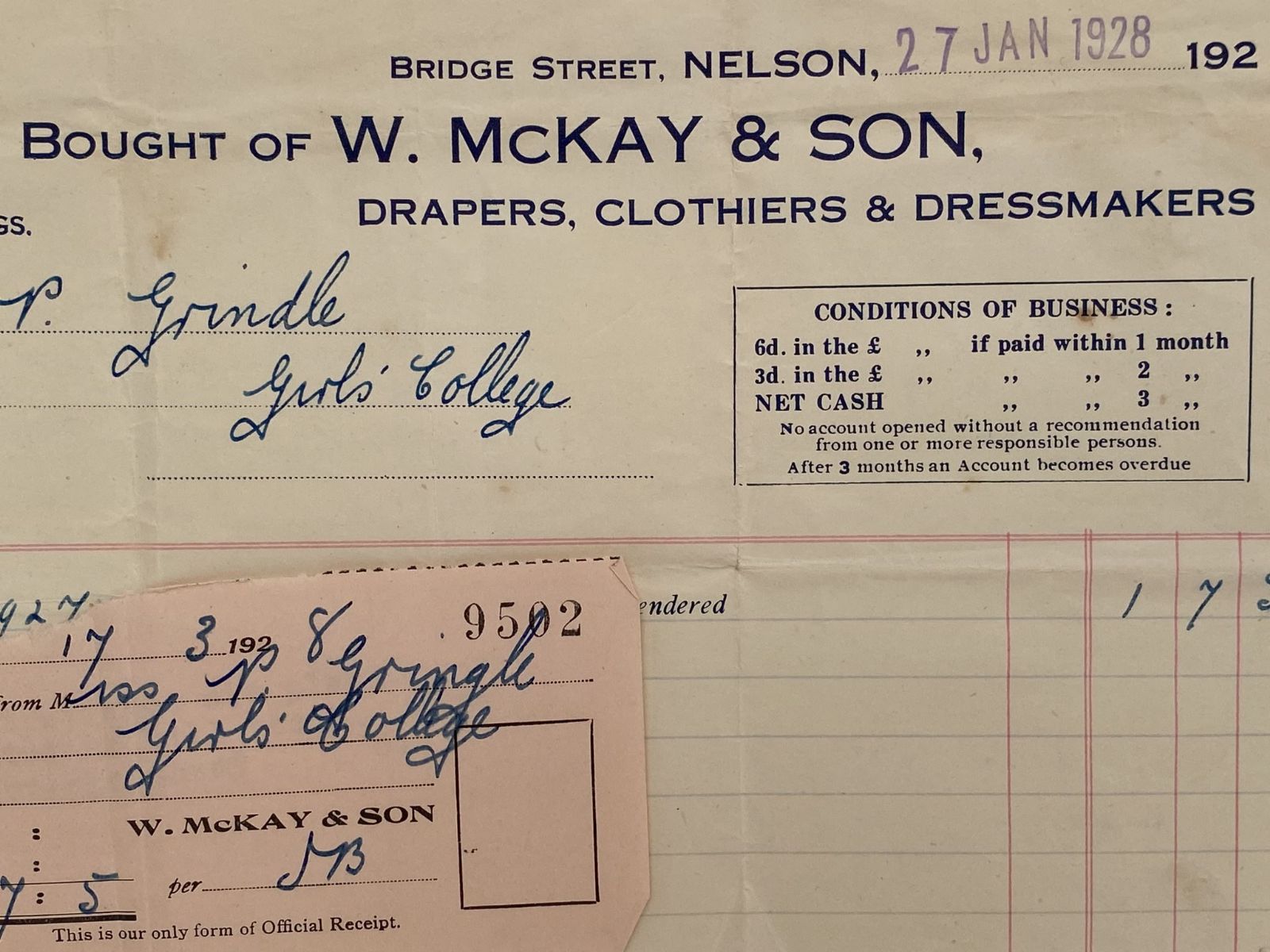 VINTAGE INVOICE: W. McKay & Son, Nelson – Drapers & Clothiers 1928