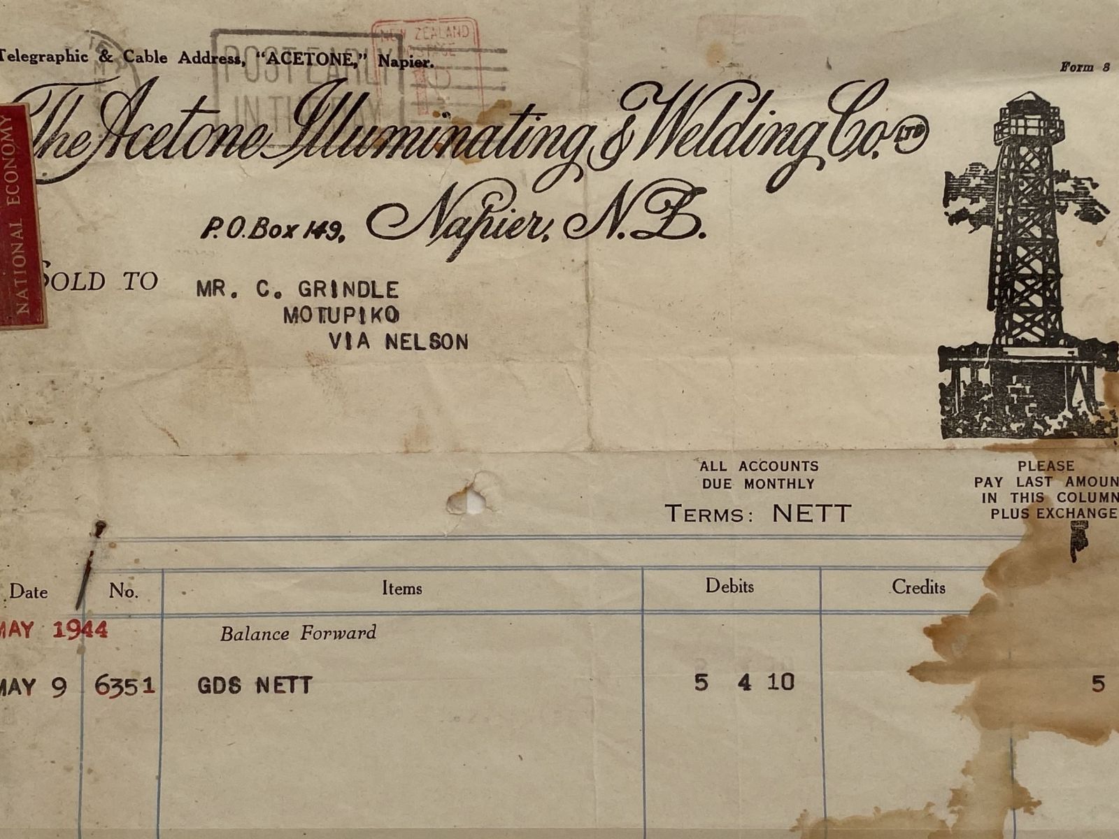 VINTAGE INVOICE: The Acetone Illuminating & Welding Co. Napier 1944