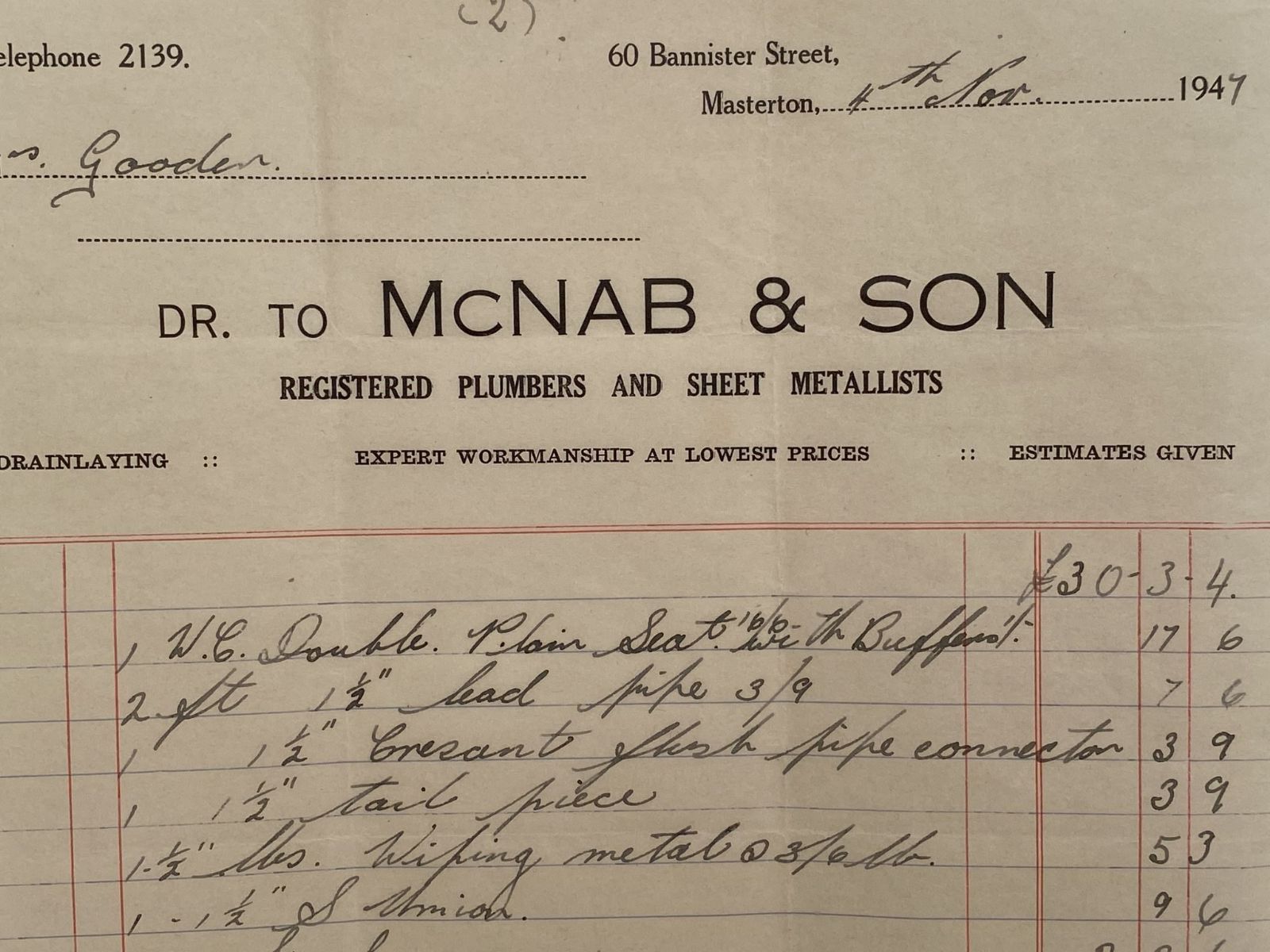 VINTAGE INVOICE: McNab & Son, Masterton – Plumbers & Sheet Metal 1947