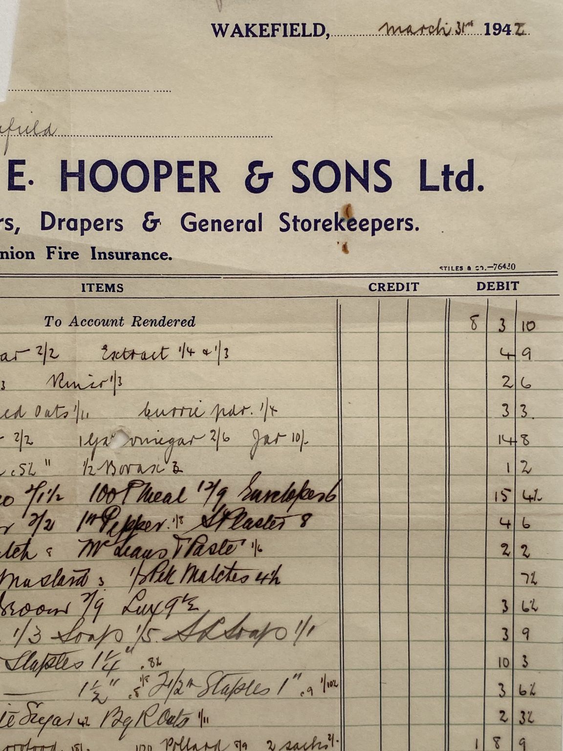 VINTAGE INVOICE: E. Hooper & Sons Ltd. Wakefield – Grocers 1942