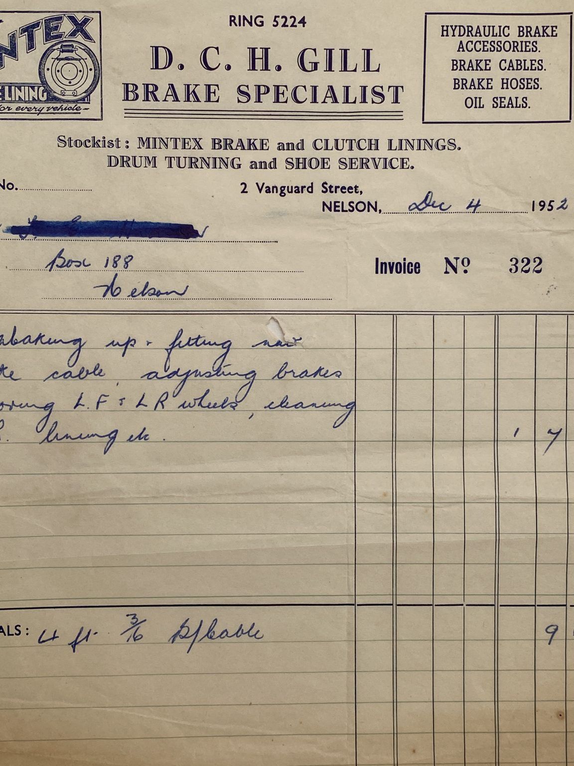 VINTAGE INVOICE: D.C.H. Gill, Nelson – Brake Specialist 1952