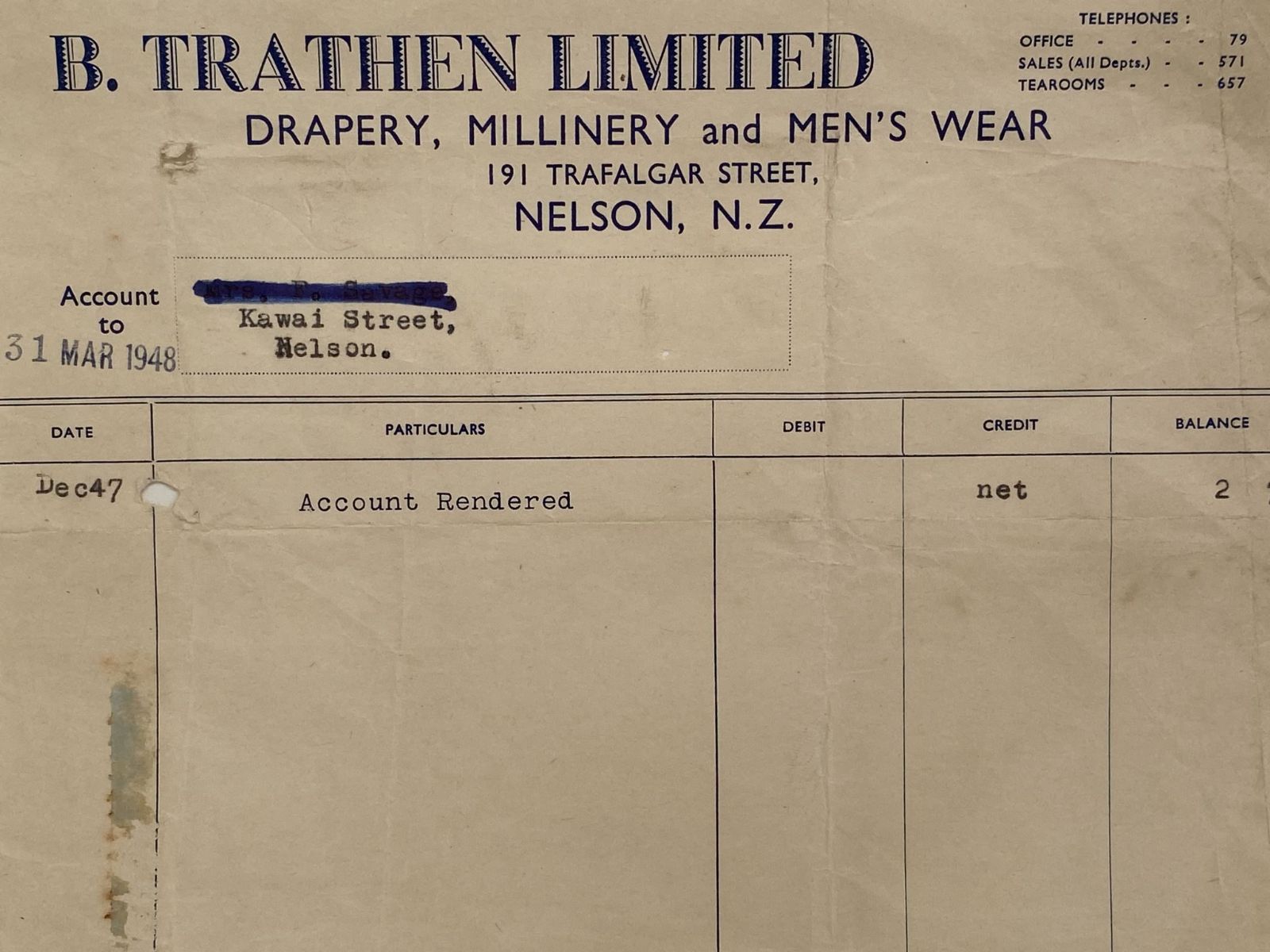 VINTAGE INVOICE: B. Trathen Limited, Nelson – Drapery, Millinery, Mens Wear 1948