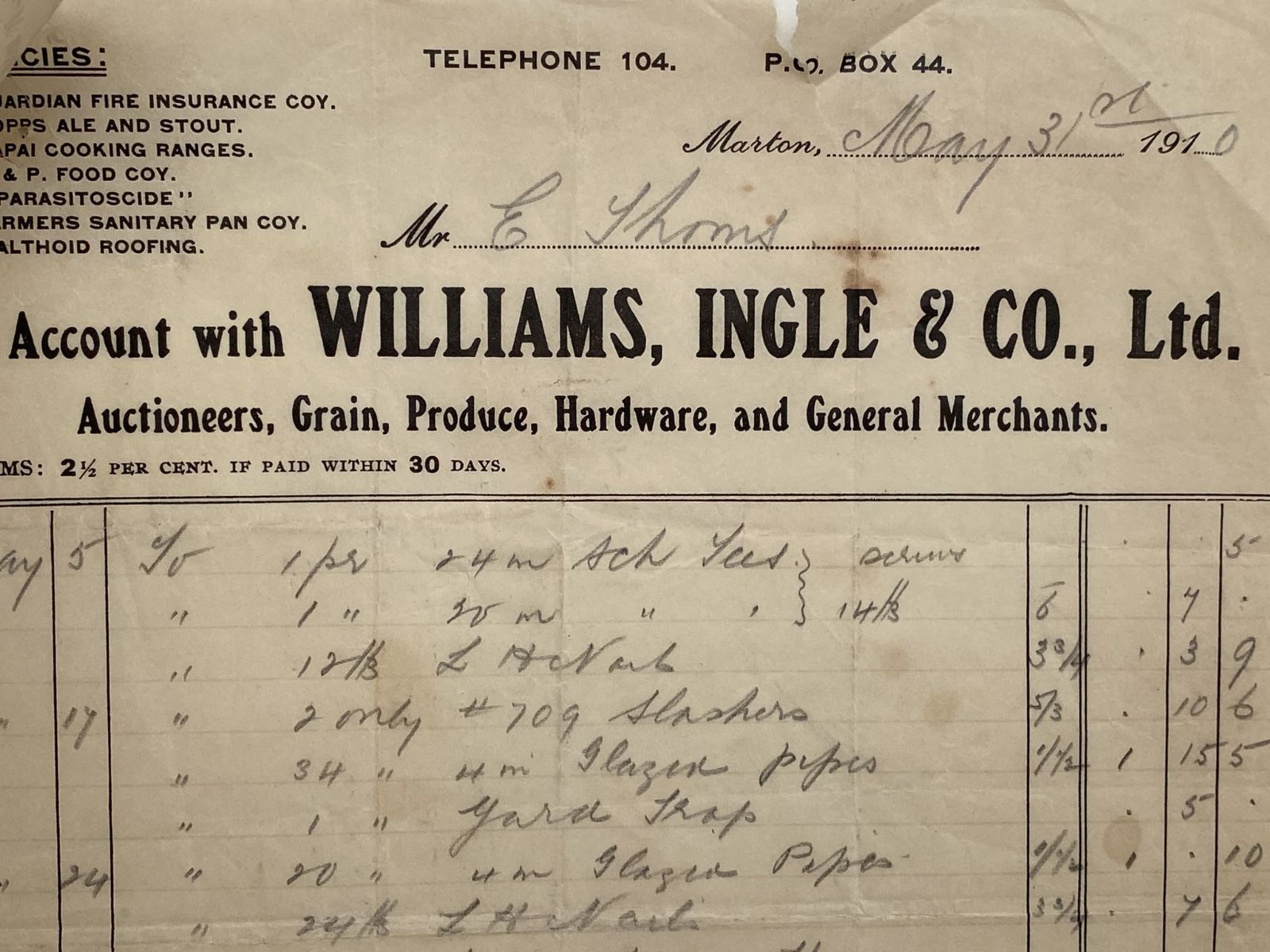 ANTIQUE INVOICE: Williams, Ingle & Co. Ltd, Marton - Merchants 1910