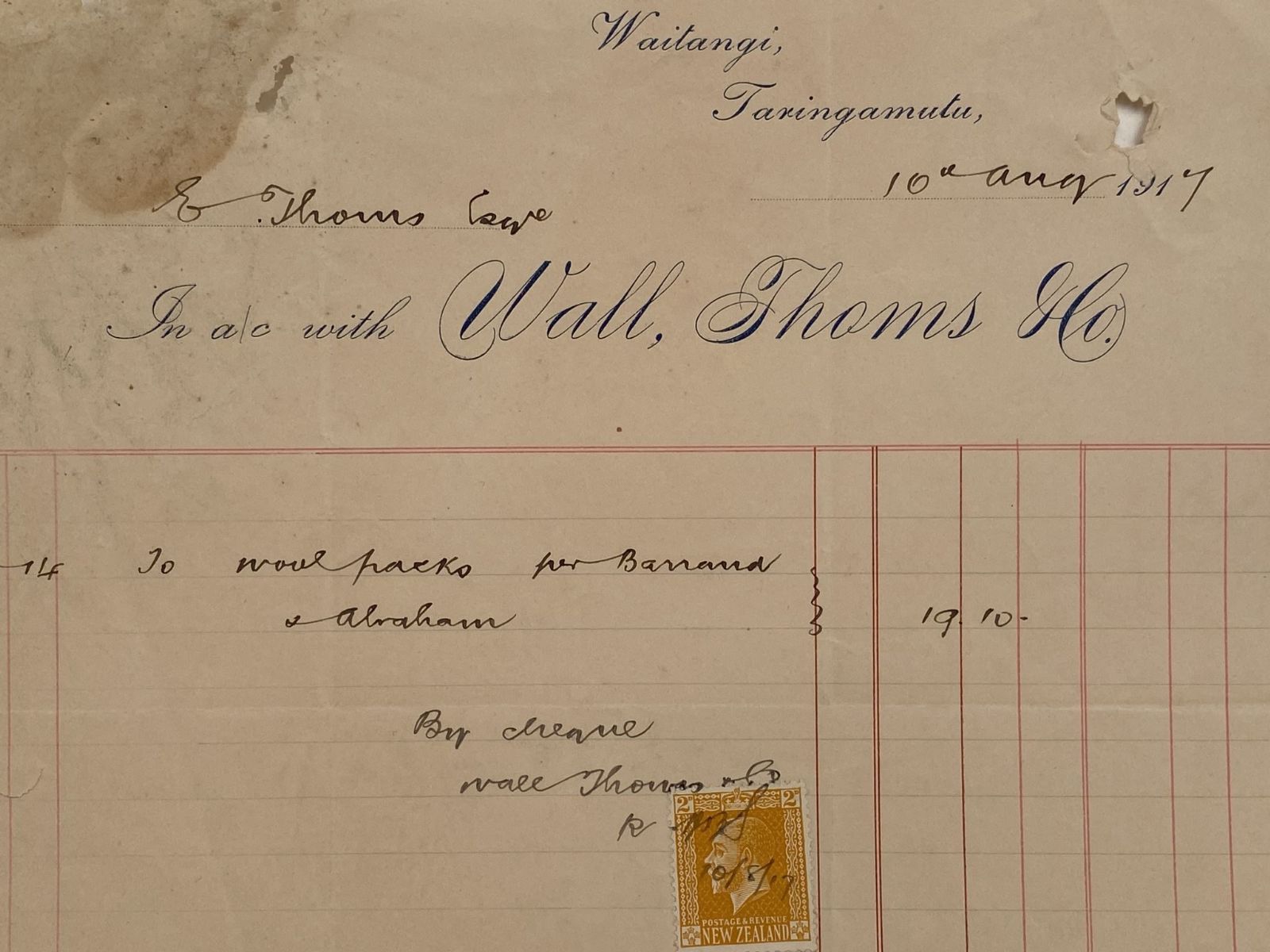 ANTIQUE INVOICE: Wall, Thoms & Co. - Waitangi 1917