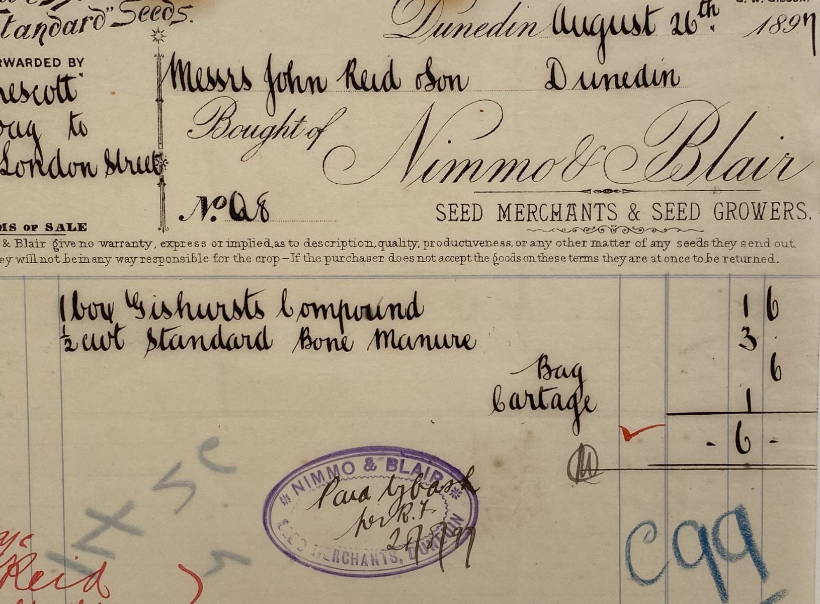 ANTIQUE INVOICE: Nimmo & Blair, Dunedin – Seed Merchants & Growers 1897