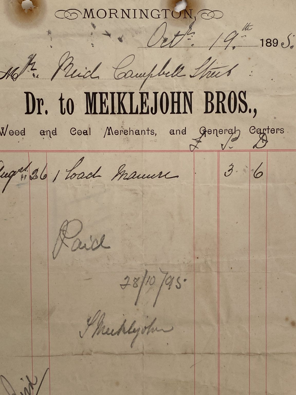 ANTIQUE INVOICE: Meiklejohn Bros. – Wood & Coal Merchants 1895