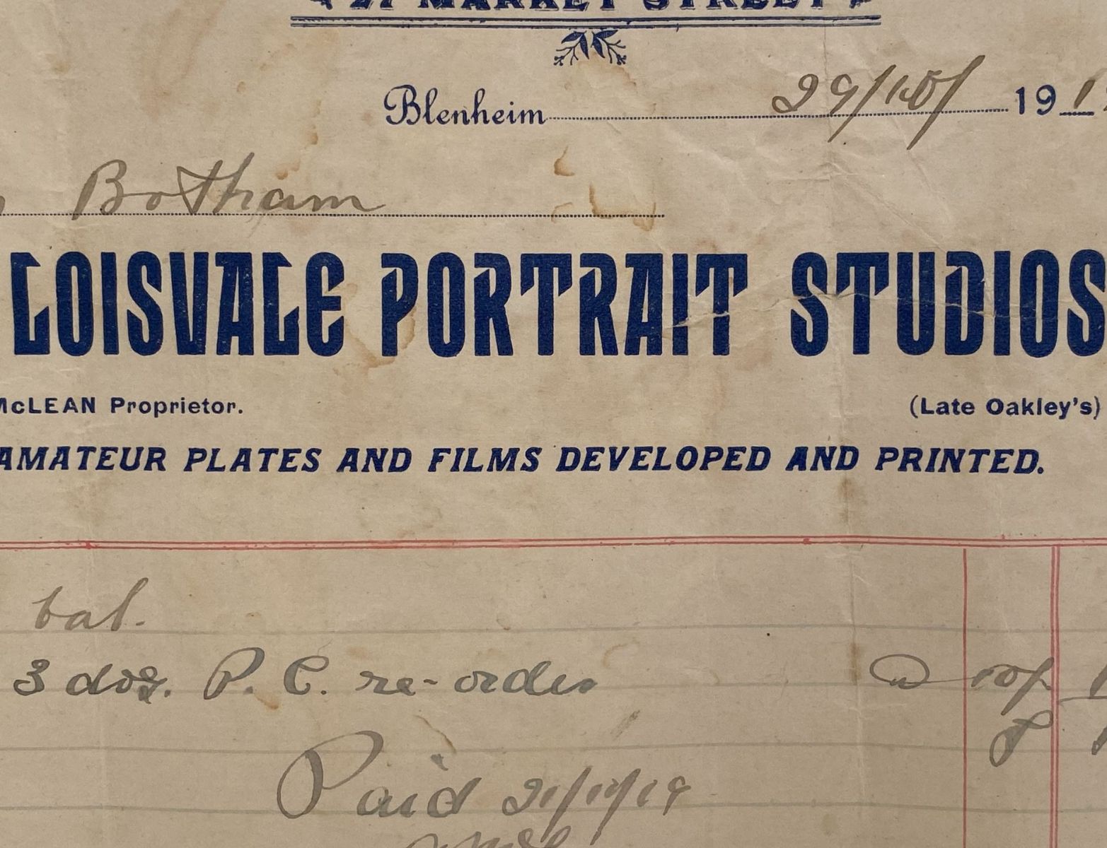 ANTIQUE INVOICE: Loisvale Portrait Studios, Blenheim 1919