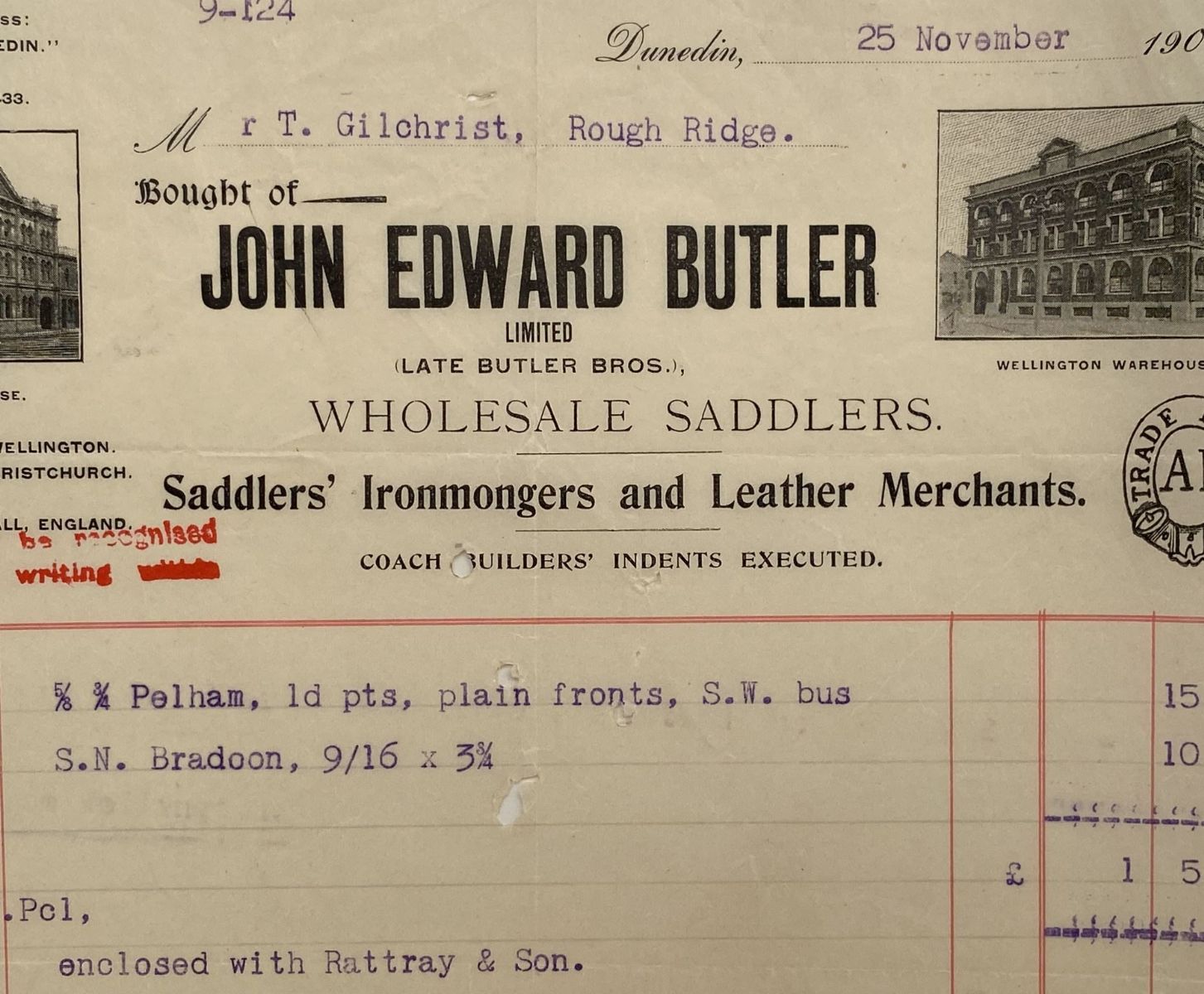 ANTIQUE INVOICE: John Edward Butler, Dunedin – Wholesale Saddlers 1905