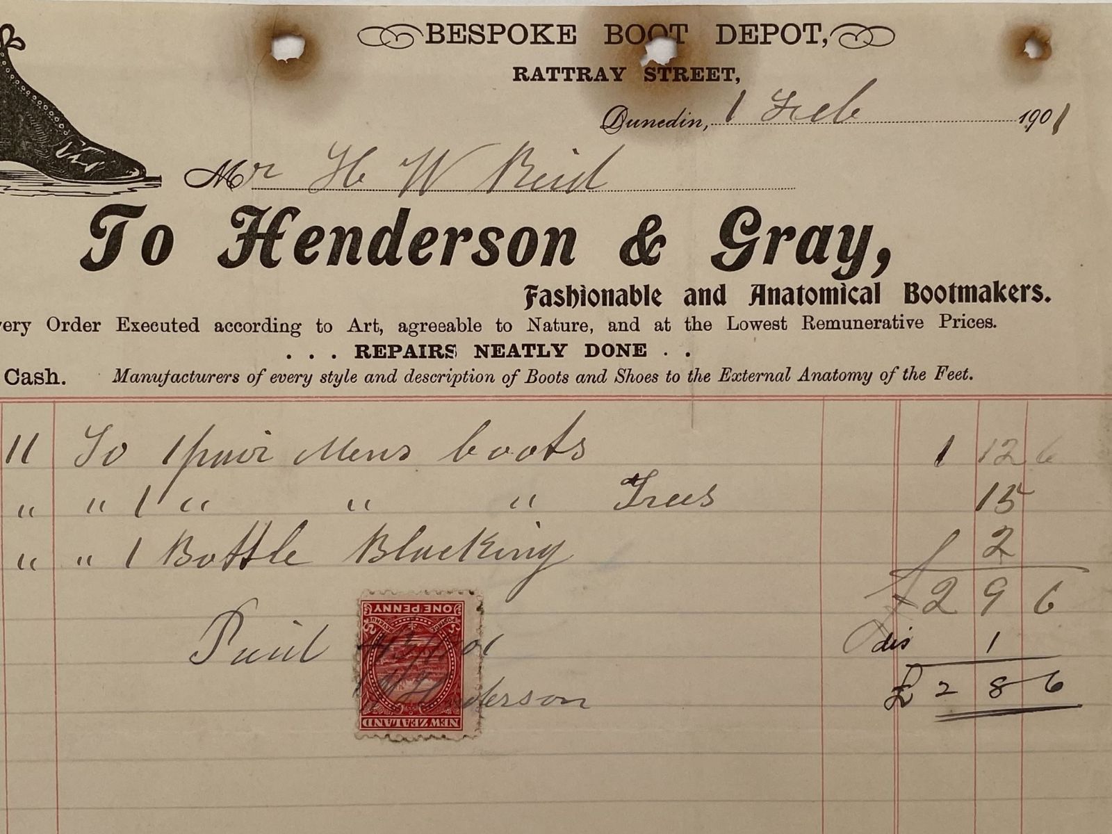 ANTIQUE INVOICE: Henderson & Gray, Dunedin – Bootmakers 1901