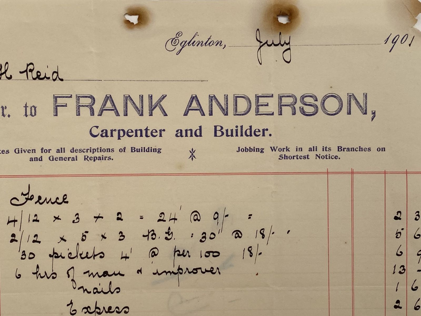 ANTIQUE INVOICE: Frank Anderson, Eglinton – Carpenter and Builder 1901