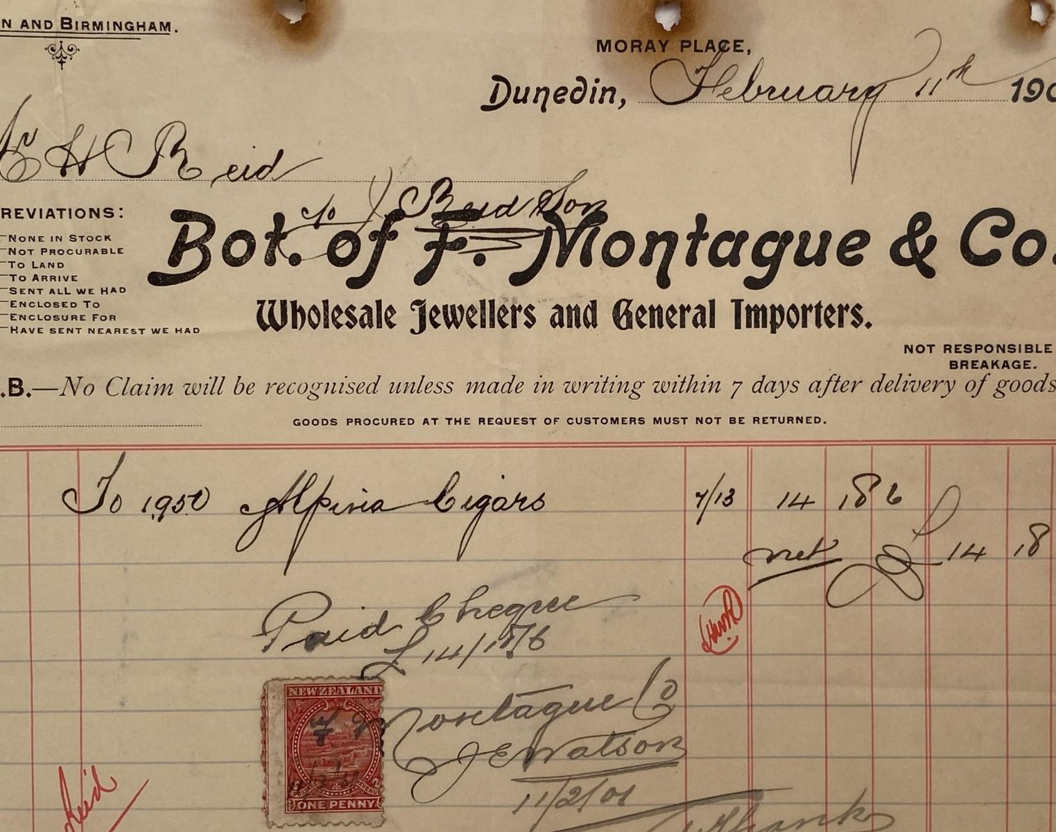 ANTIQUE INVOICE: F. Montague & Co. Dunedin – Jewellers & Importers 1901