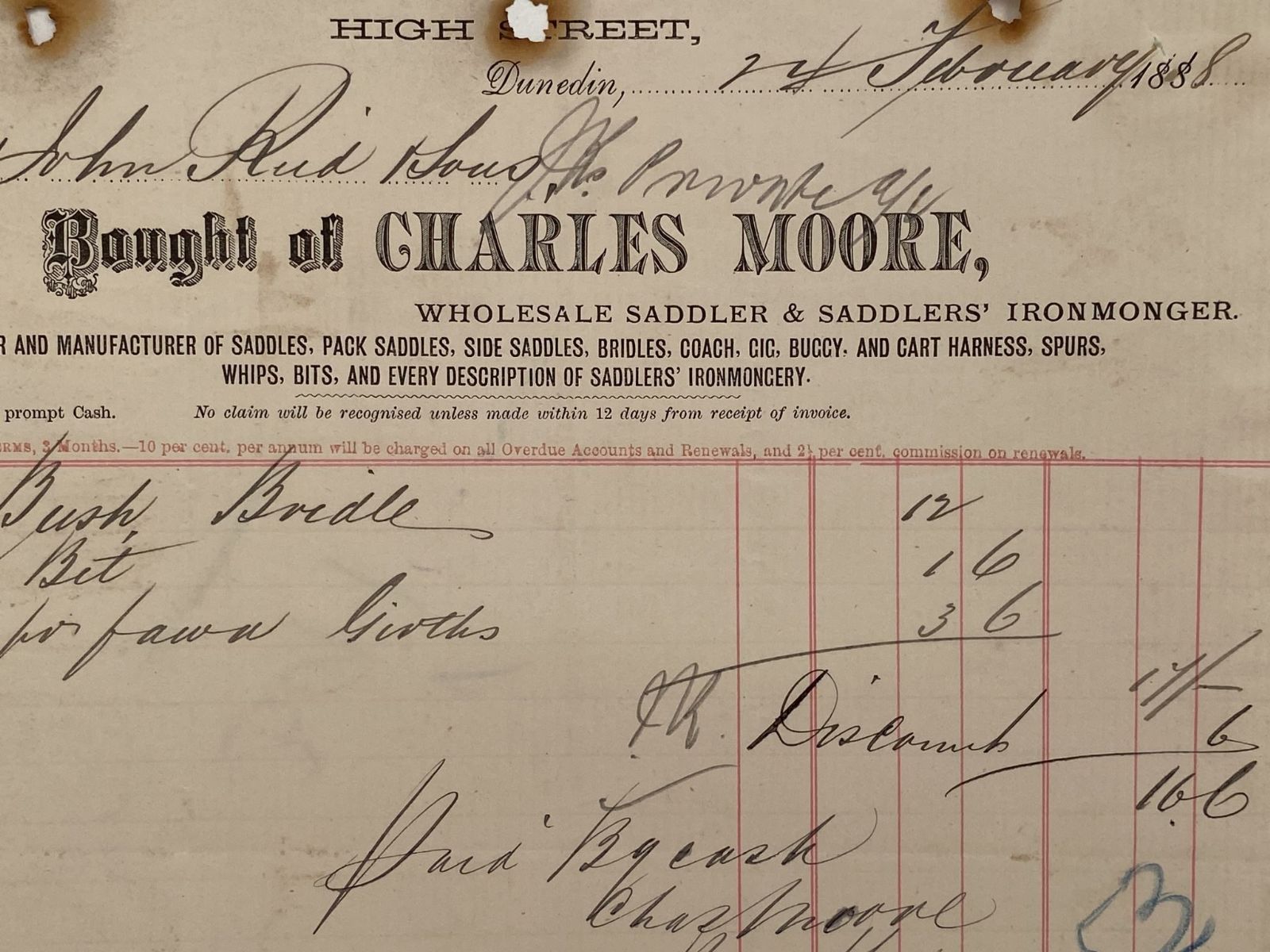 ANTIQUE INVOICE: Charles Moore, Dunedin – Wholesale Saddler 1888