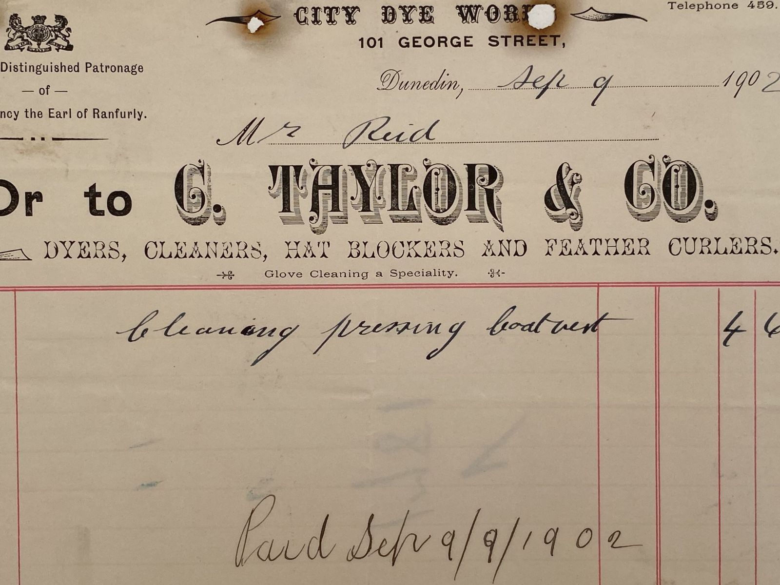 ANTIQUE INVOICE: C. Taylor & Co. Dunedin – Dyers, Cleaners 1902