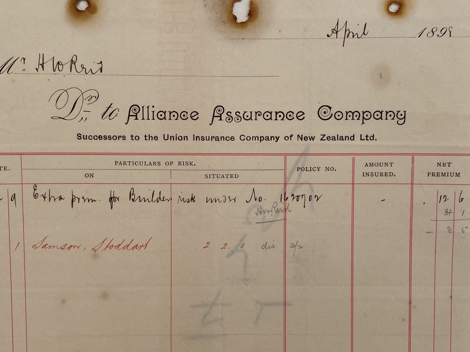 ANTIQUE INVOICE: Alliance Assurance Company / Union Insurance Co. 1898