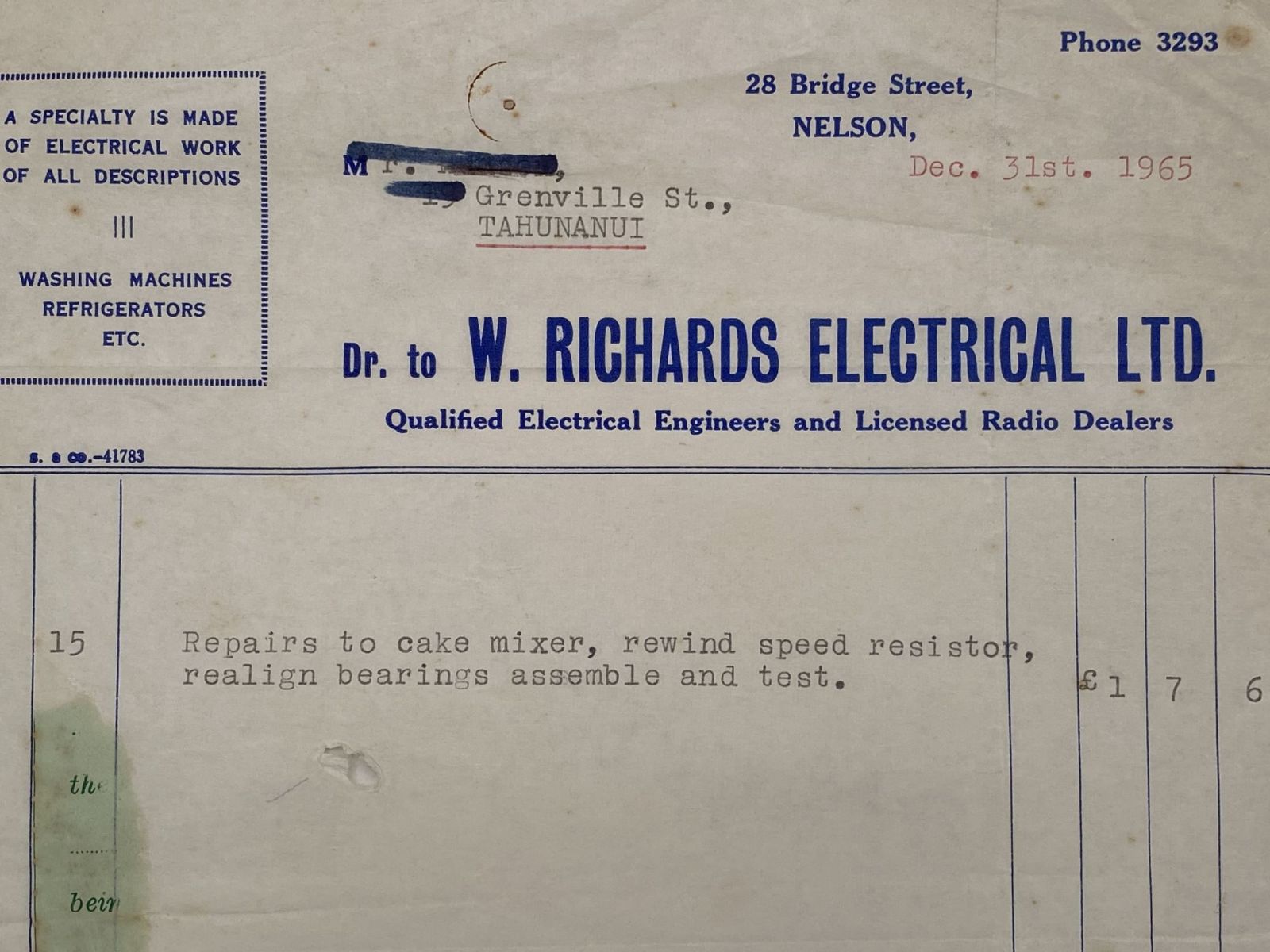 VINTAGE INVOICE: W. Richards Electrical Ltd - Electrical & Radio Dealers 1965