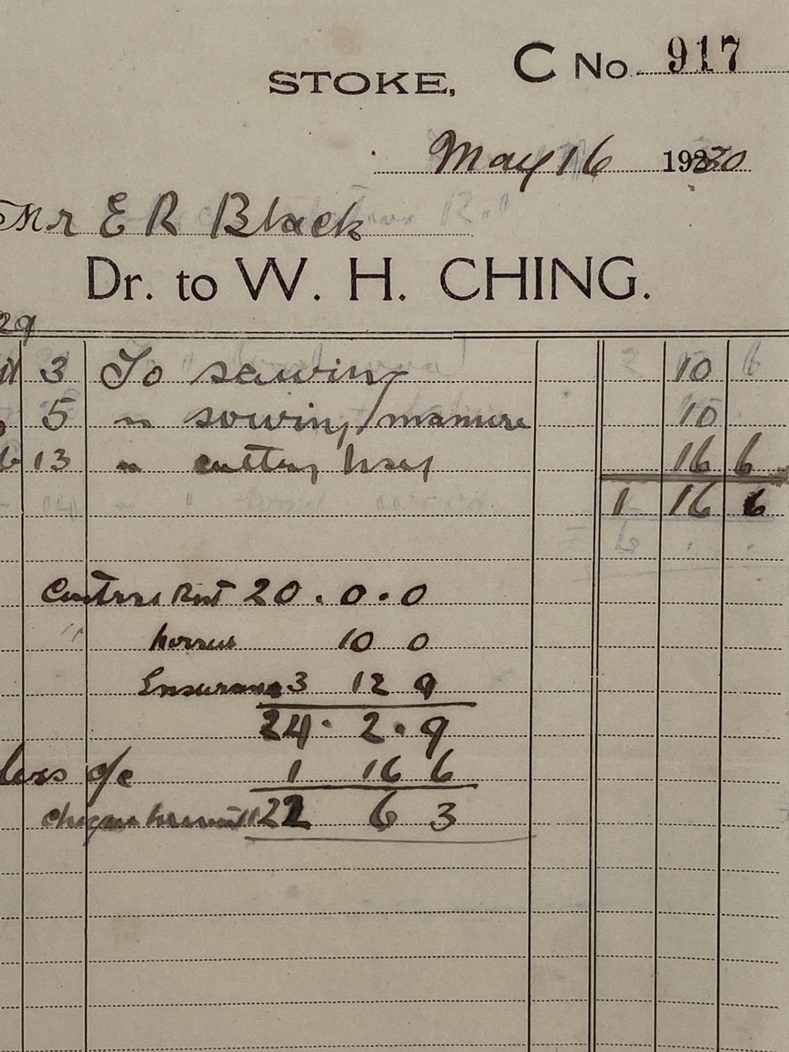 VINTAGE INVOICE: W.H. Ching, Stoke 1930