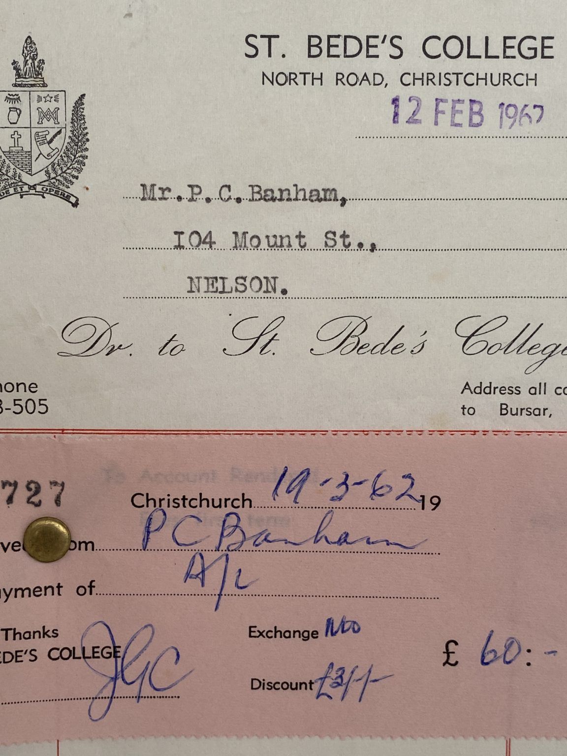 VINTAGE INVOICE: St Bede's College, Christchurch 1962