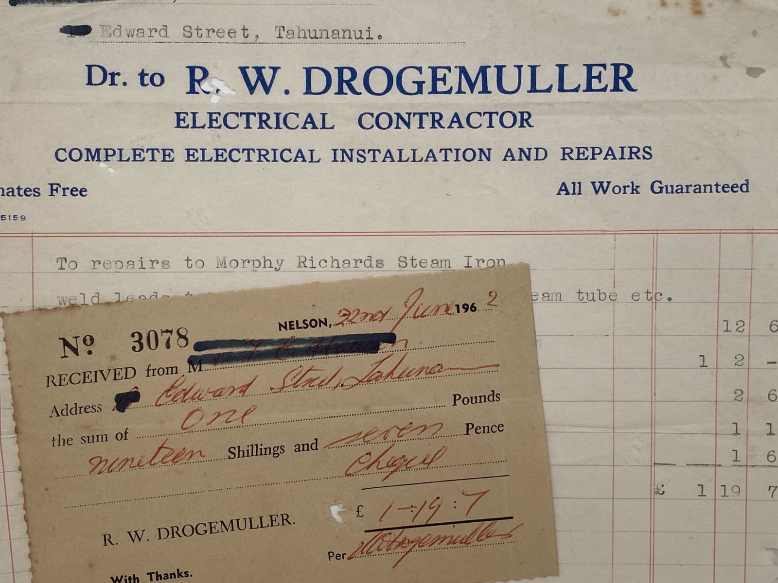 VINTAGE INVOICE: R. W. Drogemuller, Nelson - Electrical Contractor 1962