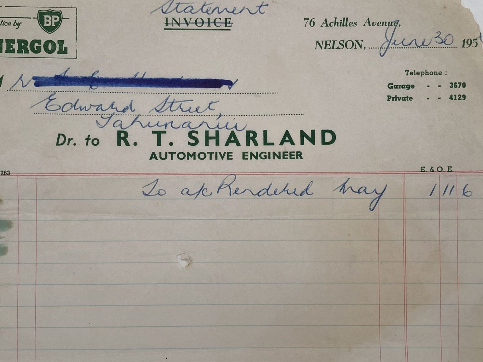 VINTAGE INVOICE: R. T. Sharland, Nelson - Automotive Engineer 1956