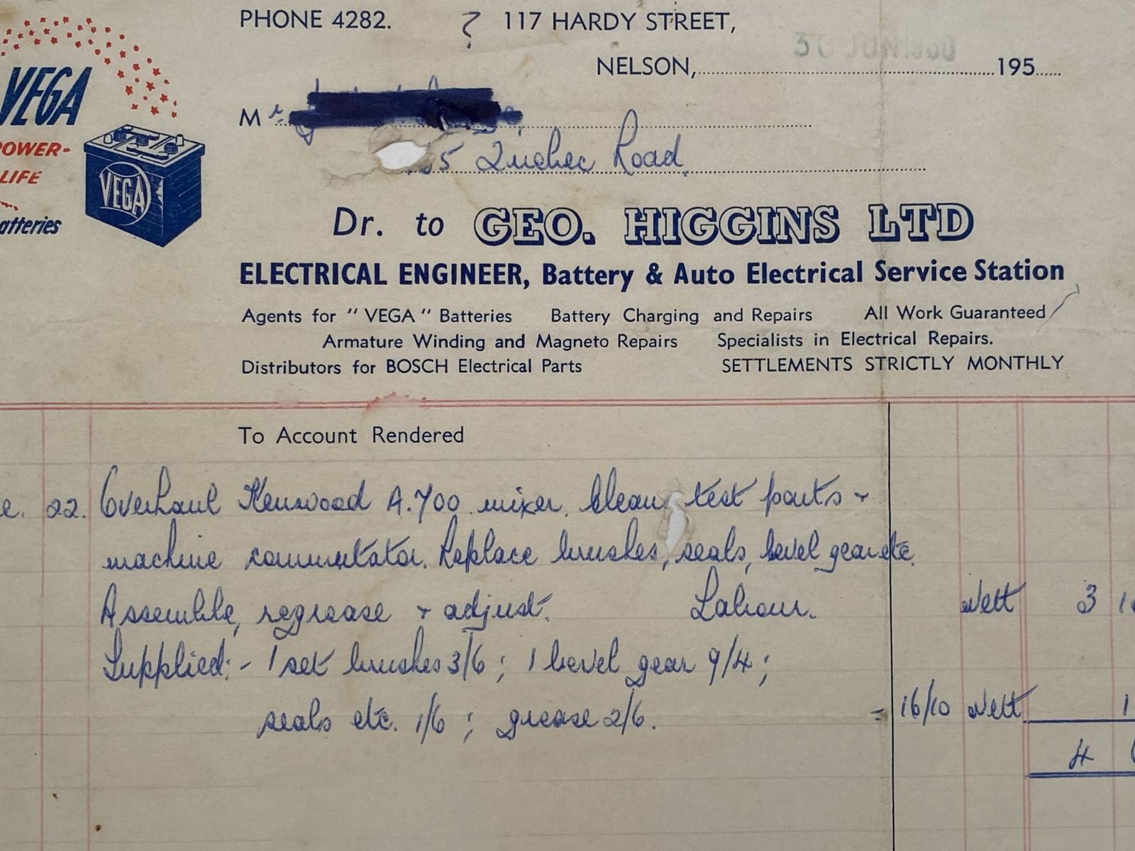 VINTAGE INVOICE: Geo. Higgins Ltd, Nelson - Electrical Engineer 1960