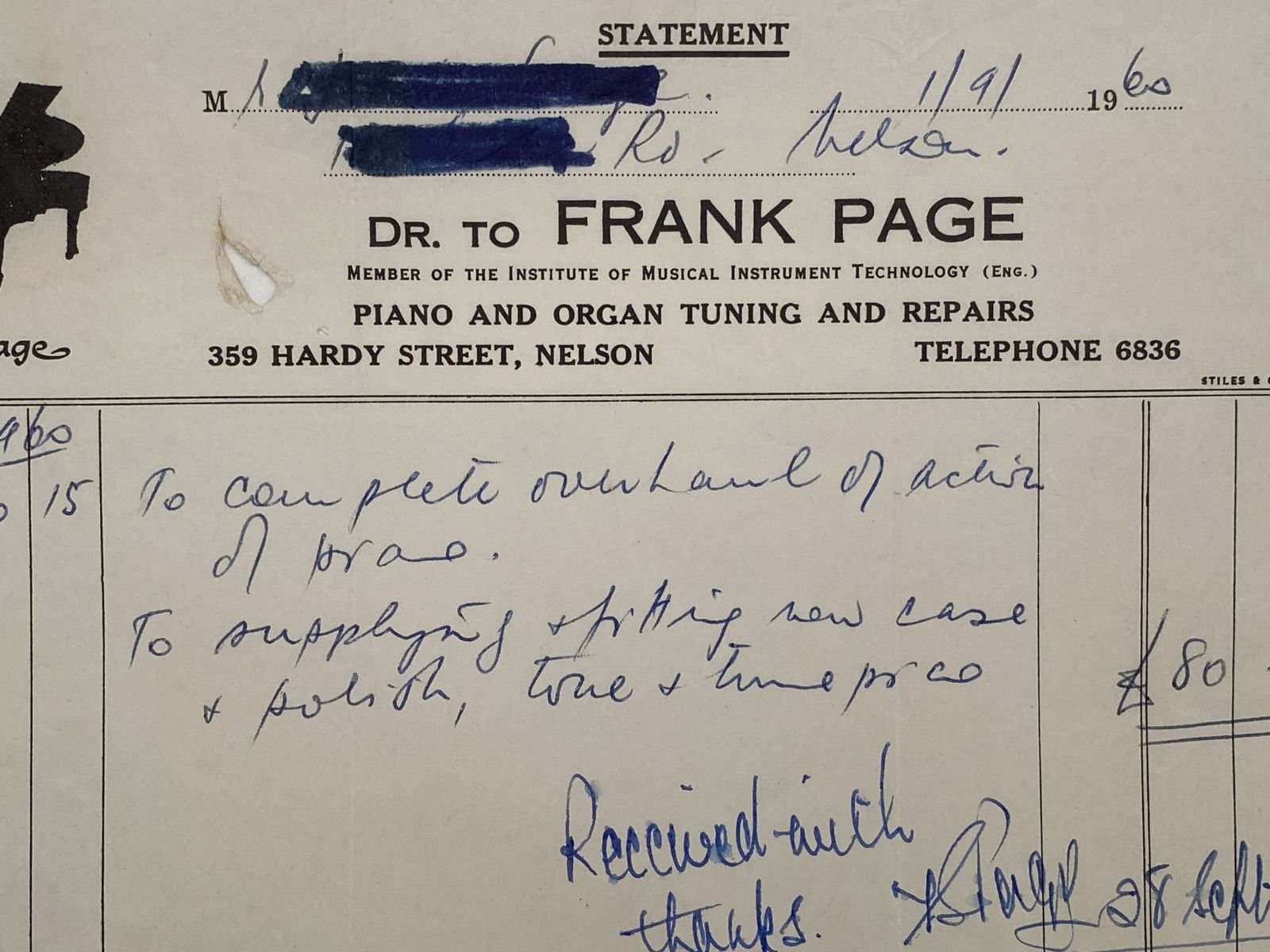 VINTAGE INVOICE: Frank Page, Nelson - Piano & Organ Tuning 1960