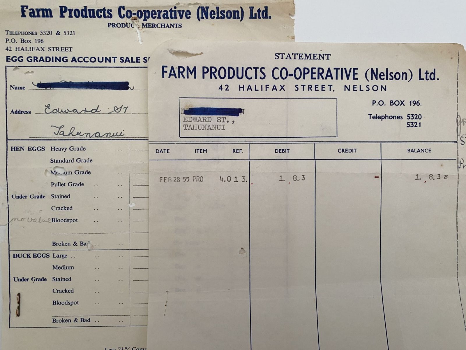 VINTAGE INVOICE / STATEMENT: Farm Products Co-operative (Nelson) Ltd 1955