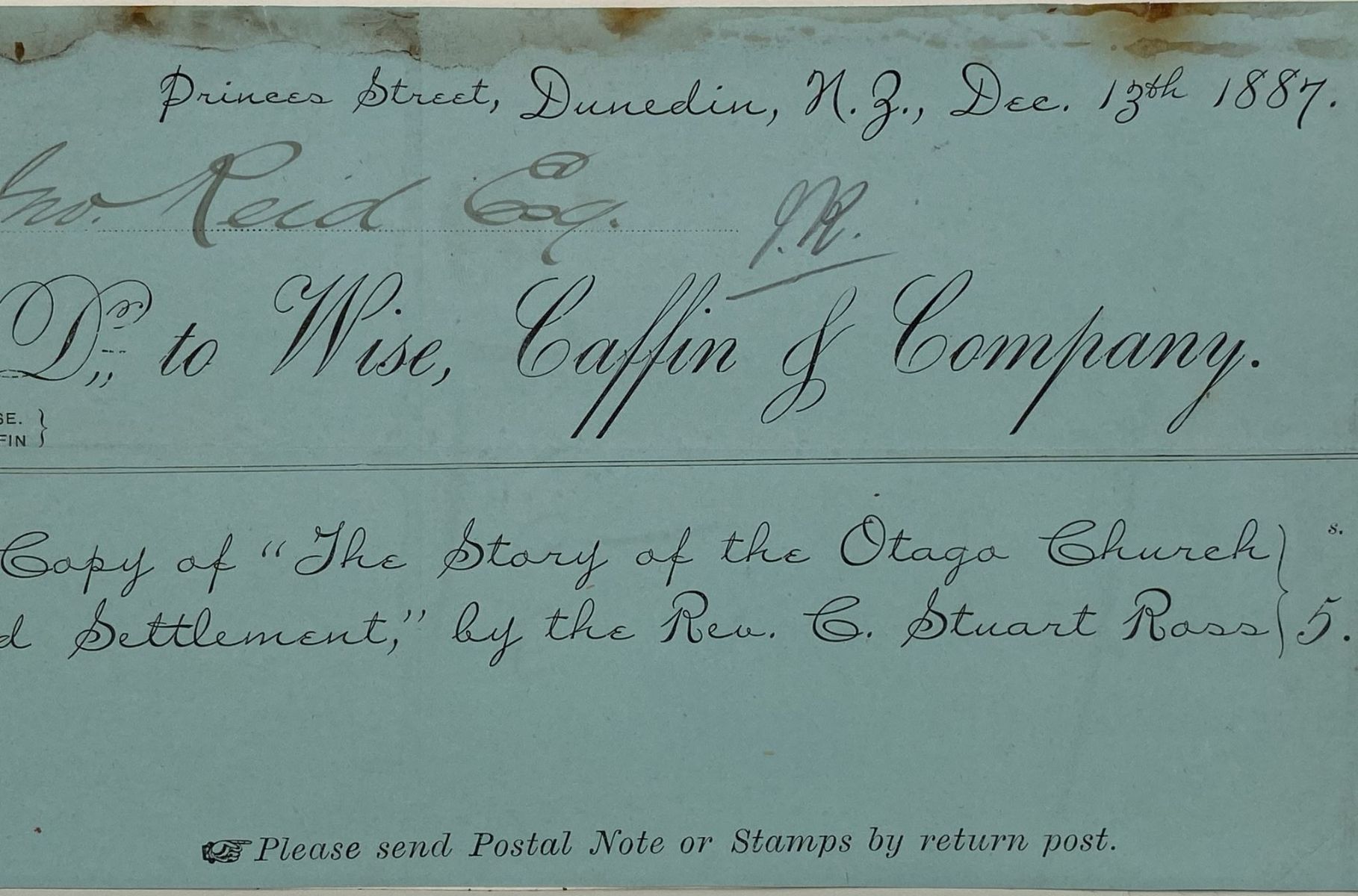 ANTIQUE RECEIPT: Wise, Caffin & Company, Dunedin 1887